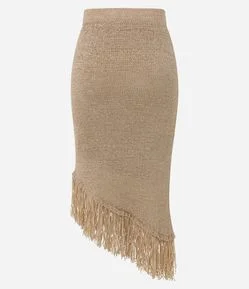 Saia Midi em Tricô e Barra Enviezada com Franjas