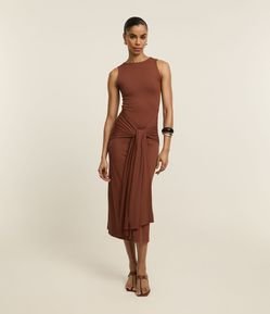 Vestido Midi em Poliamida com Laço Robusto e Franzidos