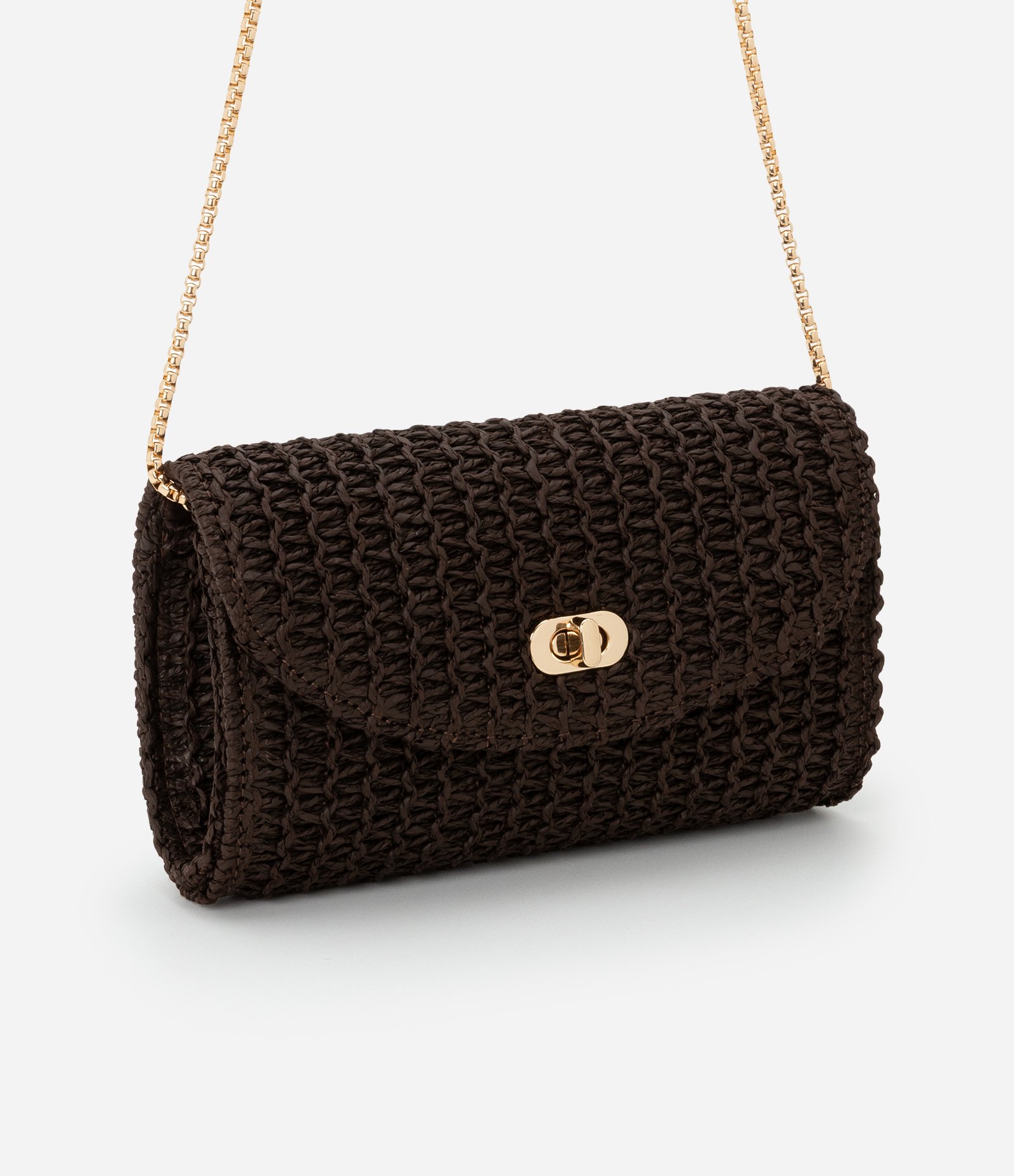 Bolsa Transversal Pequena em Ráfia com Locker de Metal e Alça de Corrente Marrom 1