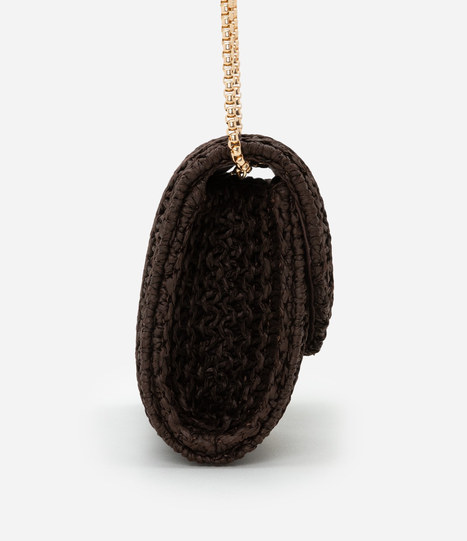 Bolsa Transversal Pequena em Ráfia com Locker de Metal e Alça de Corrente Marrom 2