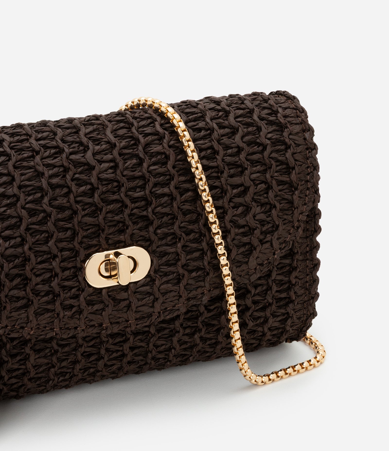 Bolsa Transversal Pequena em Ráfia com Locker de Metal e Alça de Corrente Marrom 6