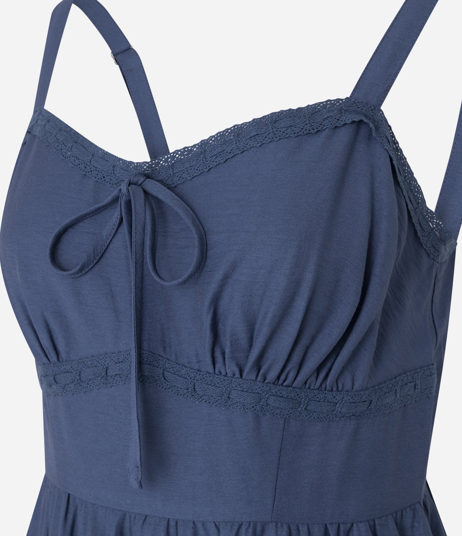 Vestido Reto Curto em Viscose com Recorte de Renda Azul 7