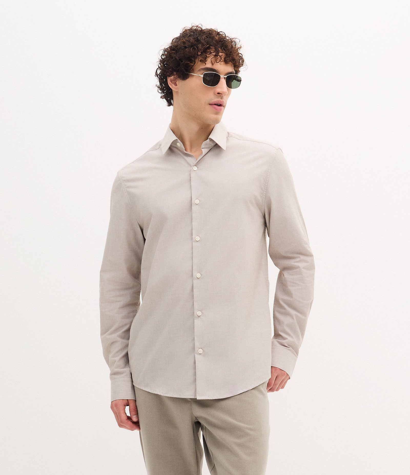 Camisa Regular Básica em Algodão com Fil a Fil Bege Claro 1