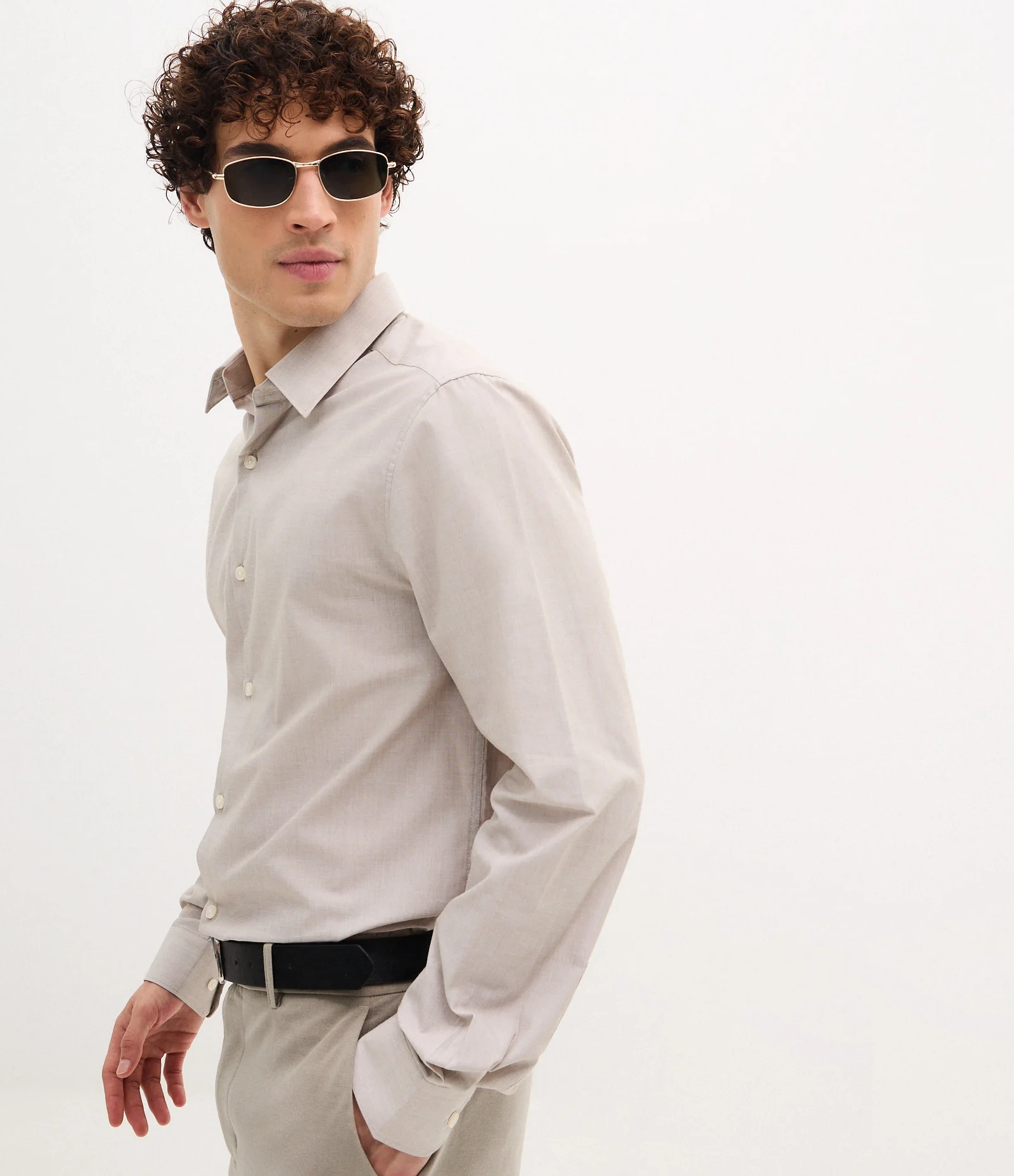 Camisa Regular Básica em Algodão com Fil a Fil Bege Claro 3