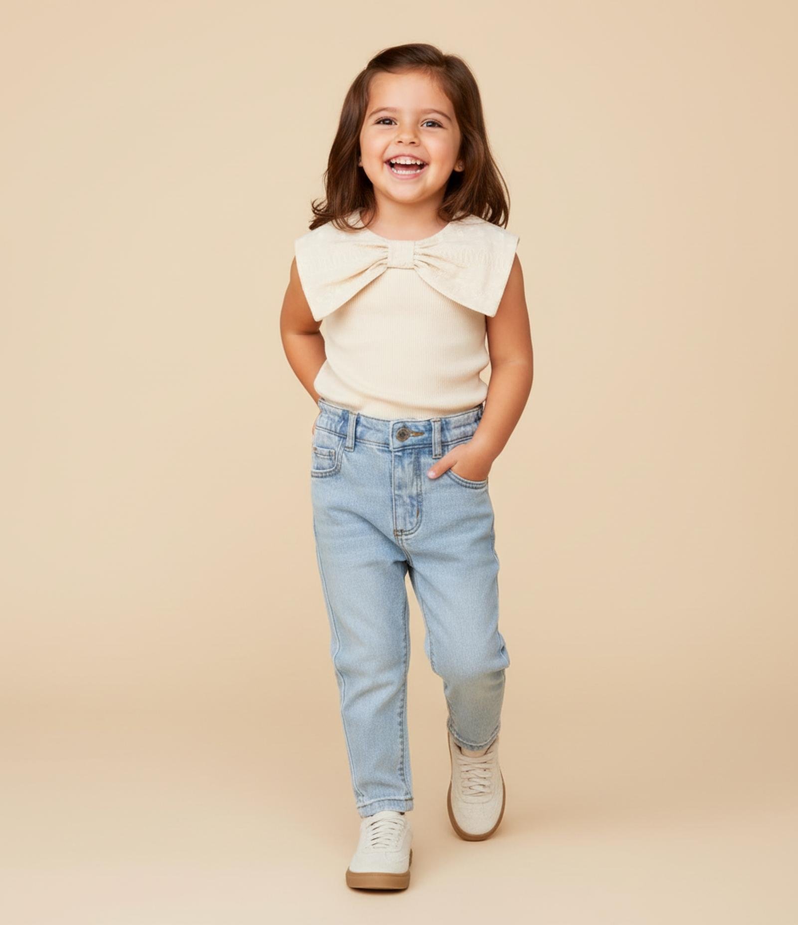 Blusa Infantil com Gola Laço Texturizada - Tam 1 a 6 Anos Bege 1