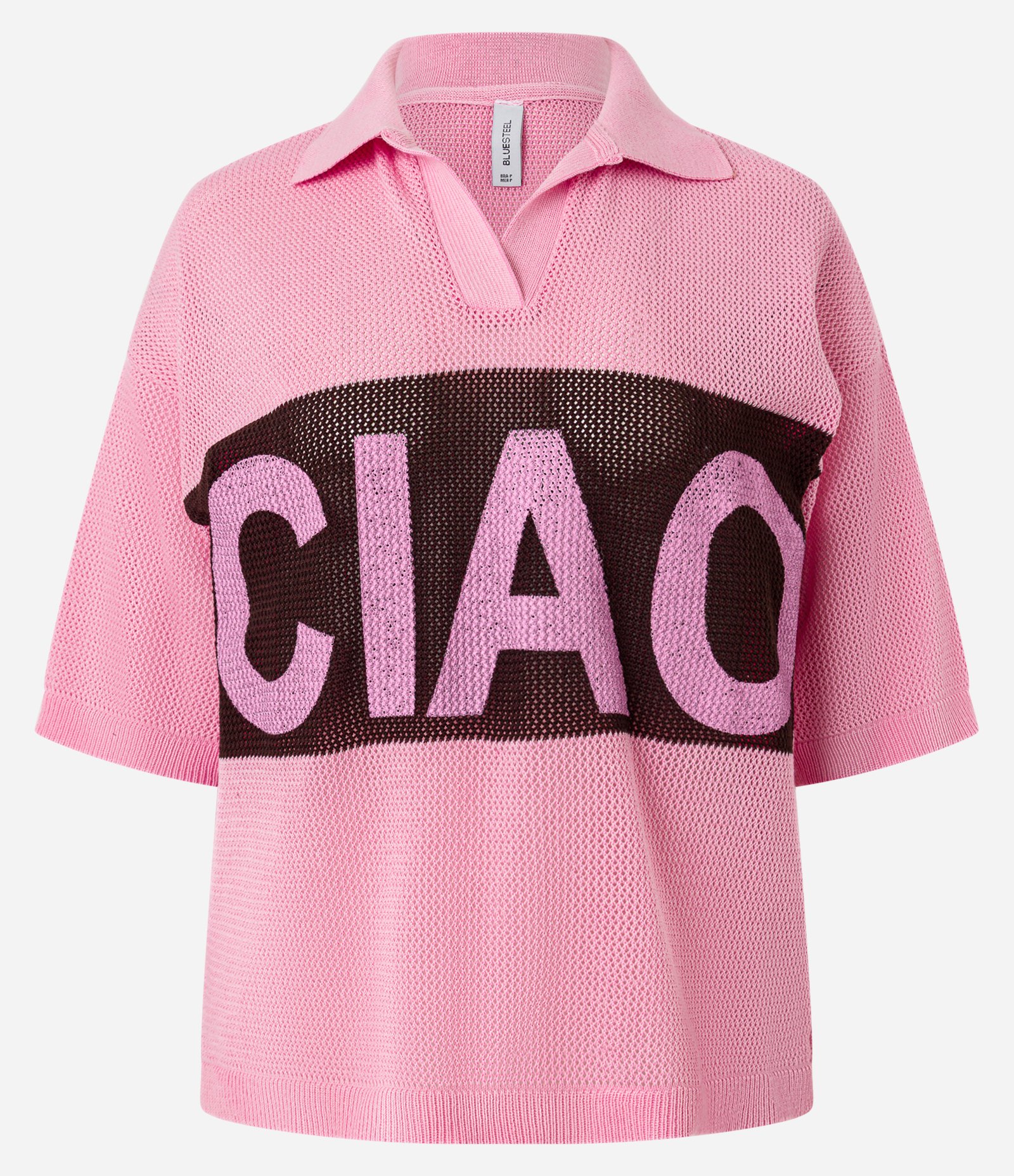 Camiseta Over em Tricô com Gola Polo e Lettering Ciao Rosa 5