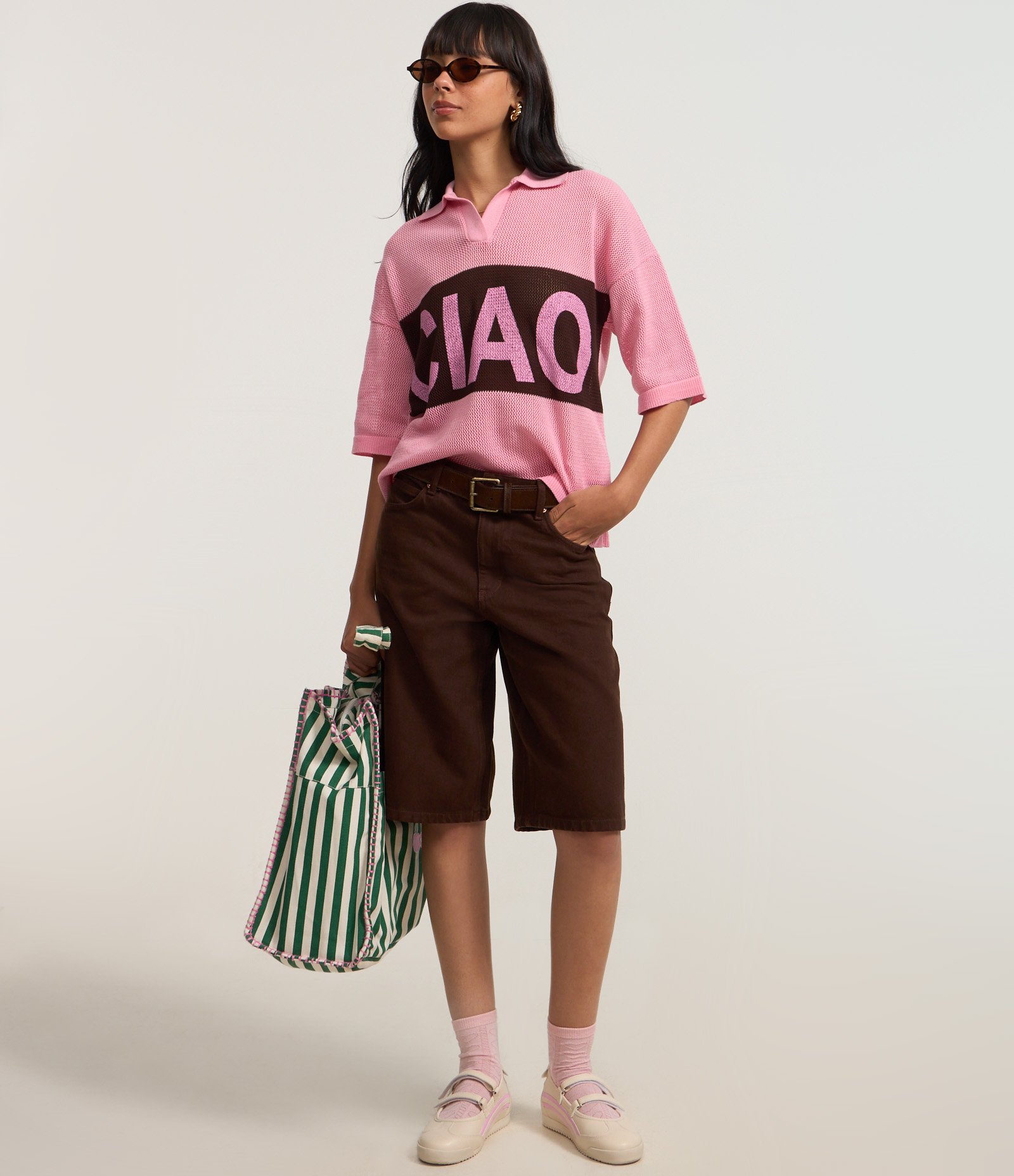 Camiseta Over em Tricô com Gola Polo e Lettering Ciao Rosa 2