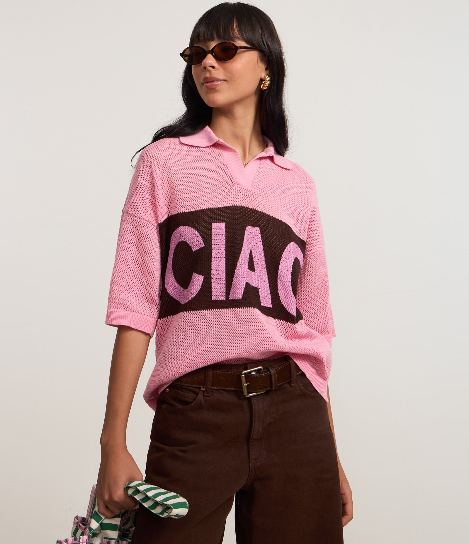 Camiseta Over em Tricô com Gola Polo e Lettering Ciao Rosa 3