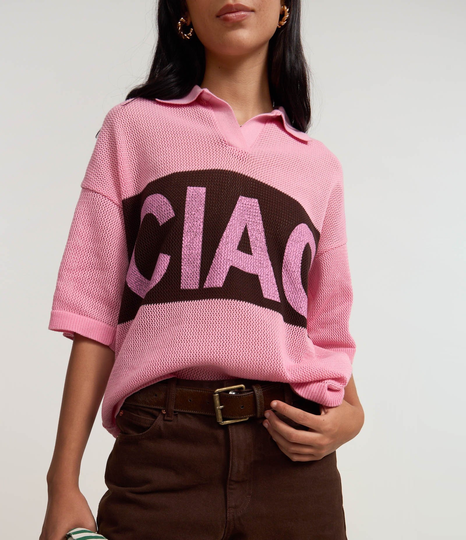 Camiseta Over em Tricô com Gola Polo e Lettering Ciao Rosa 4