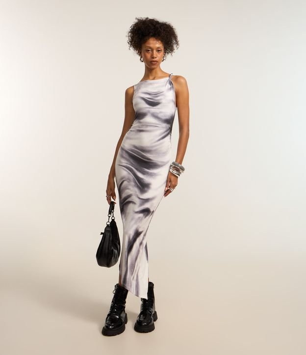 Vestido New Midi em Microfibra com Estampa Abstrata