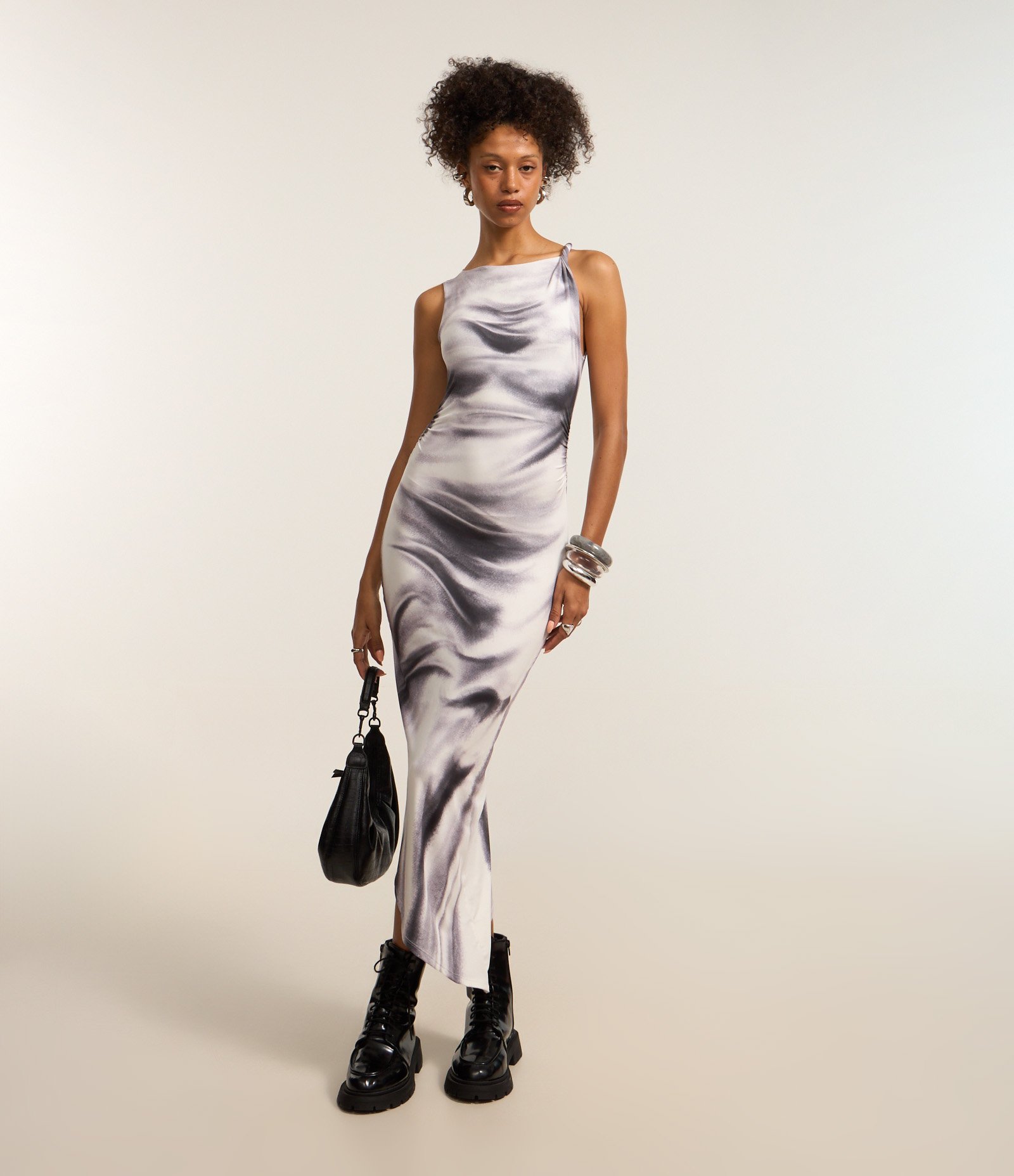 Vestido New Midi em Microfibra com Estampa Abstrata Cinza 1