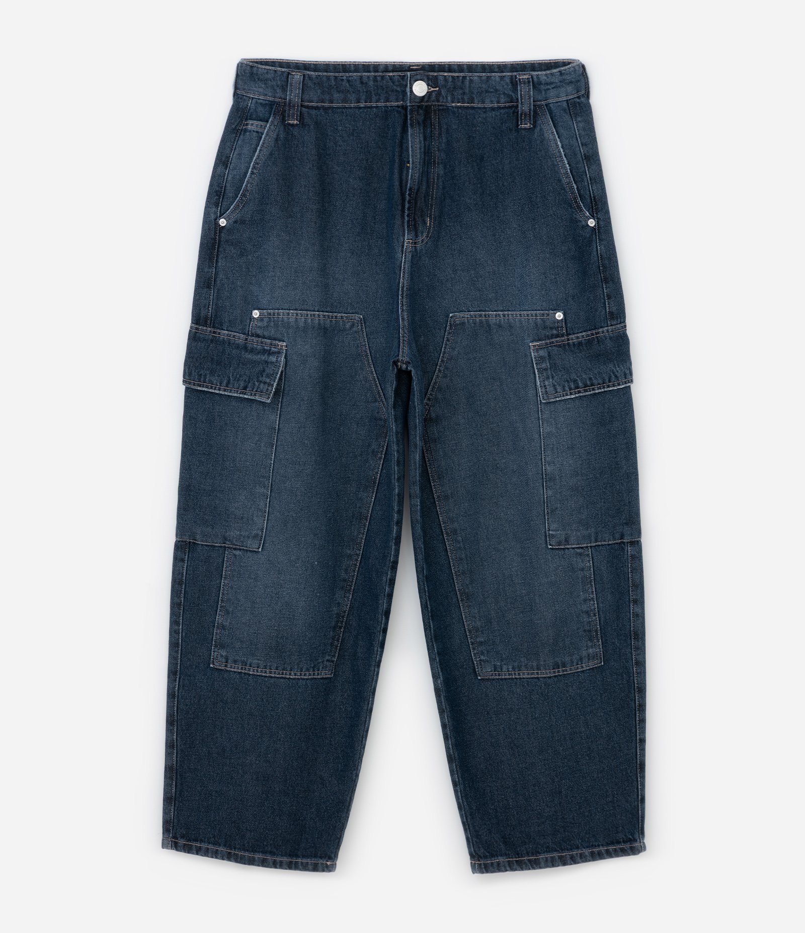 Calça Skater em Jeans com Bolso Cargo e Recortes Azul 5