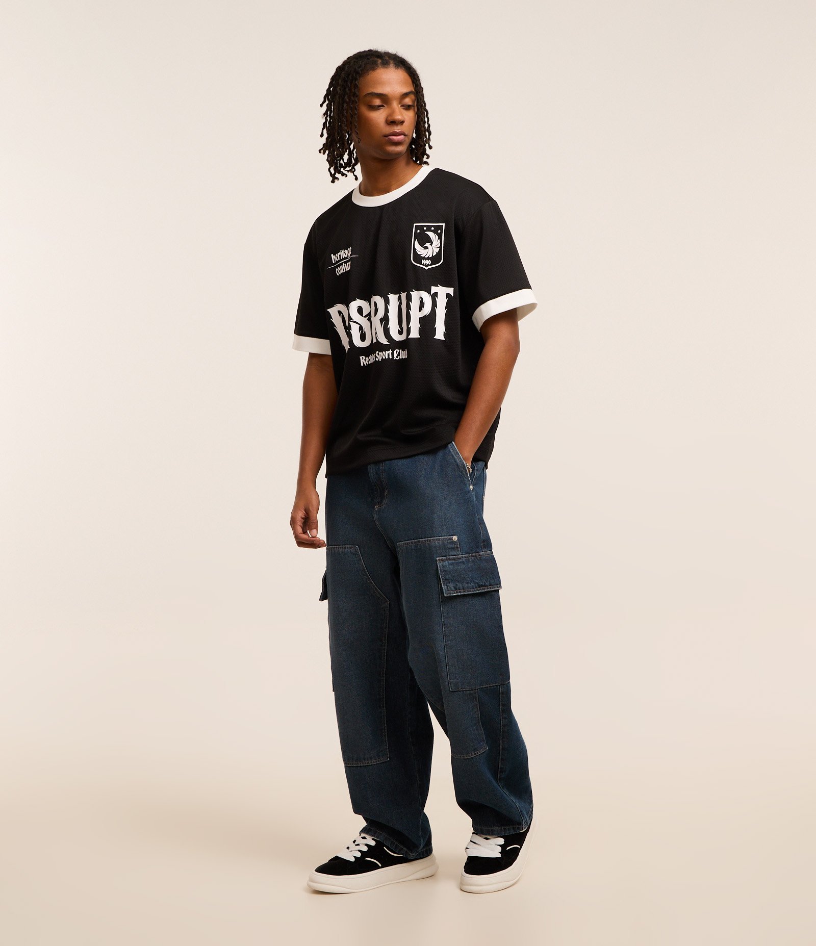 Calça Skater em Jeans com Bolso Cargo e Recortes Azul 1