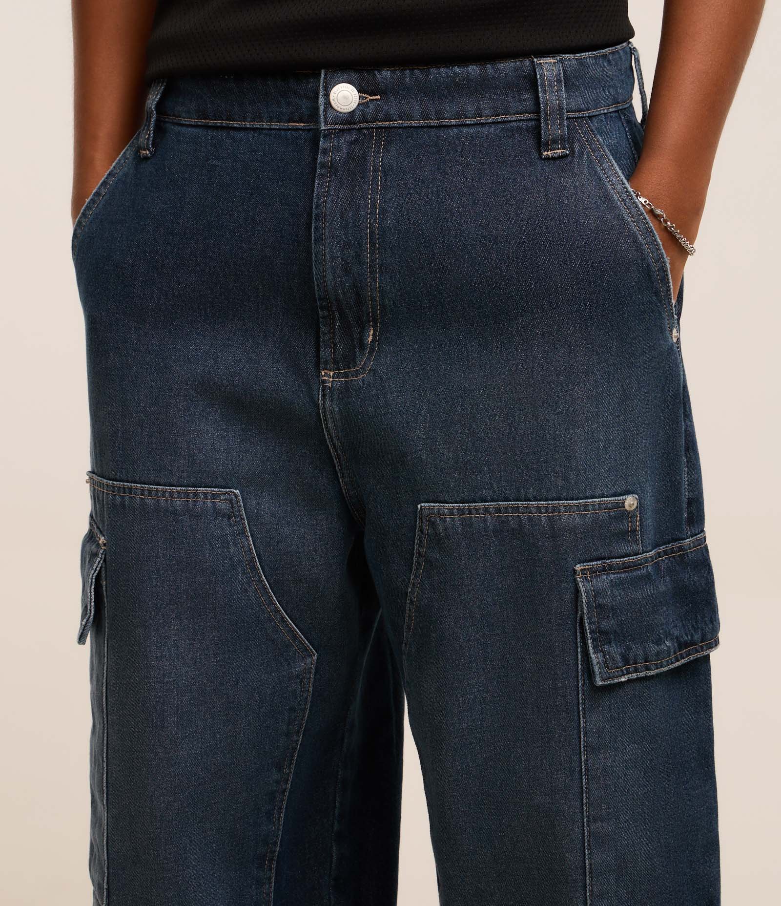 Calça Skater em Jeans com Bolso Cargo e Recortes Azul 3
