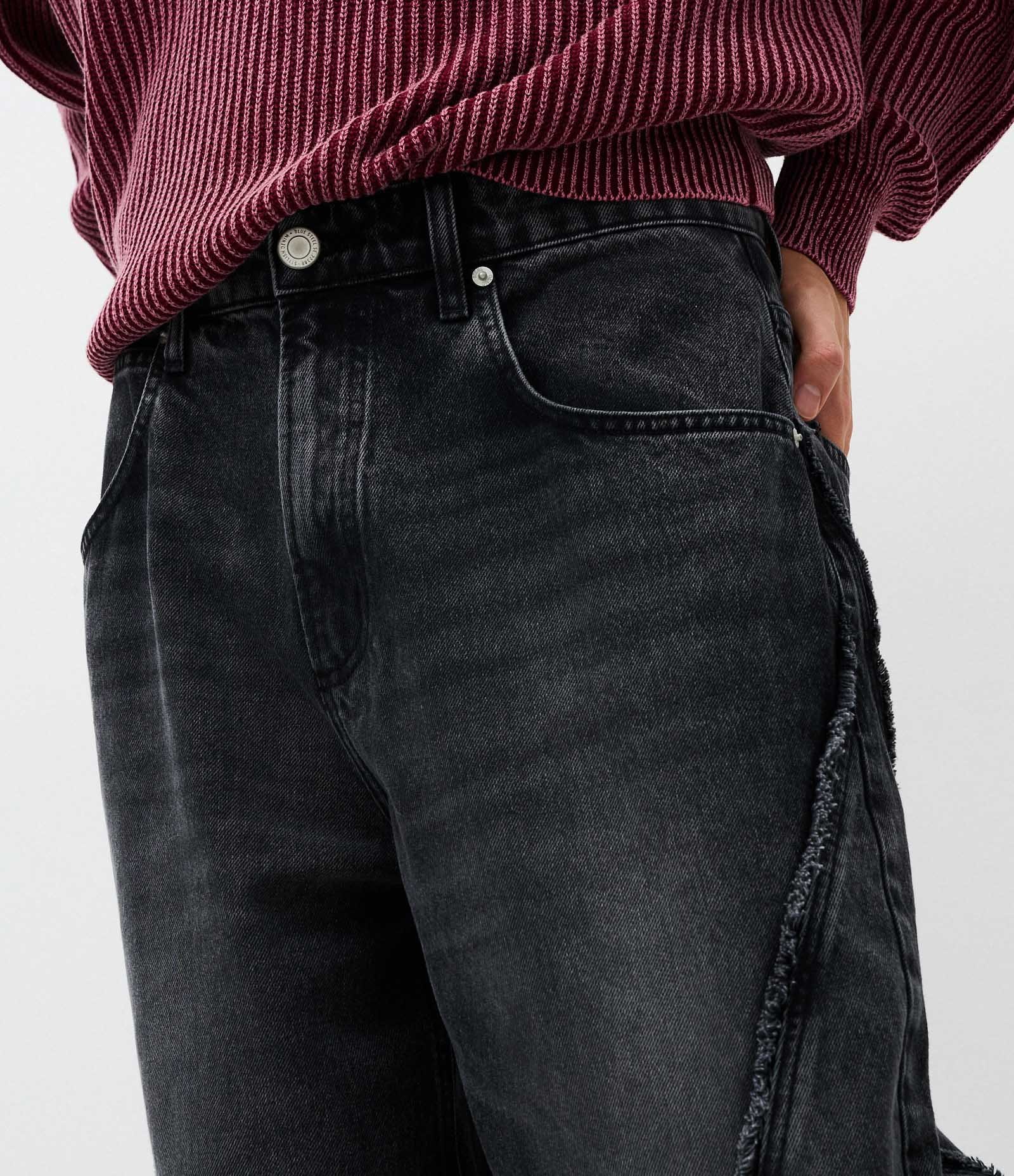 Calça Super Baggy em Jeans com Detalhes Desfiados Preto 4