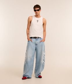 Calça Barrel em Jeans com Estampa Estilo Maori