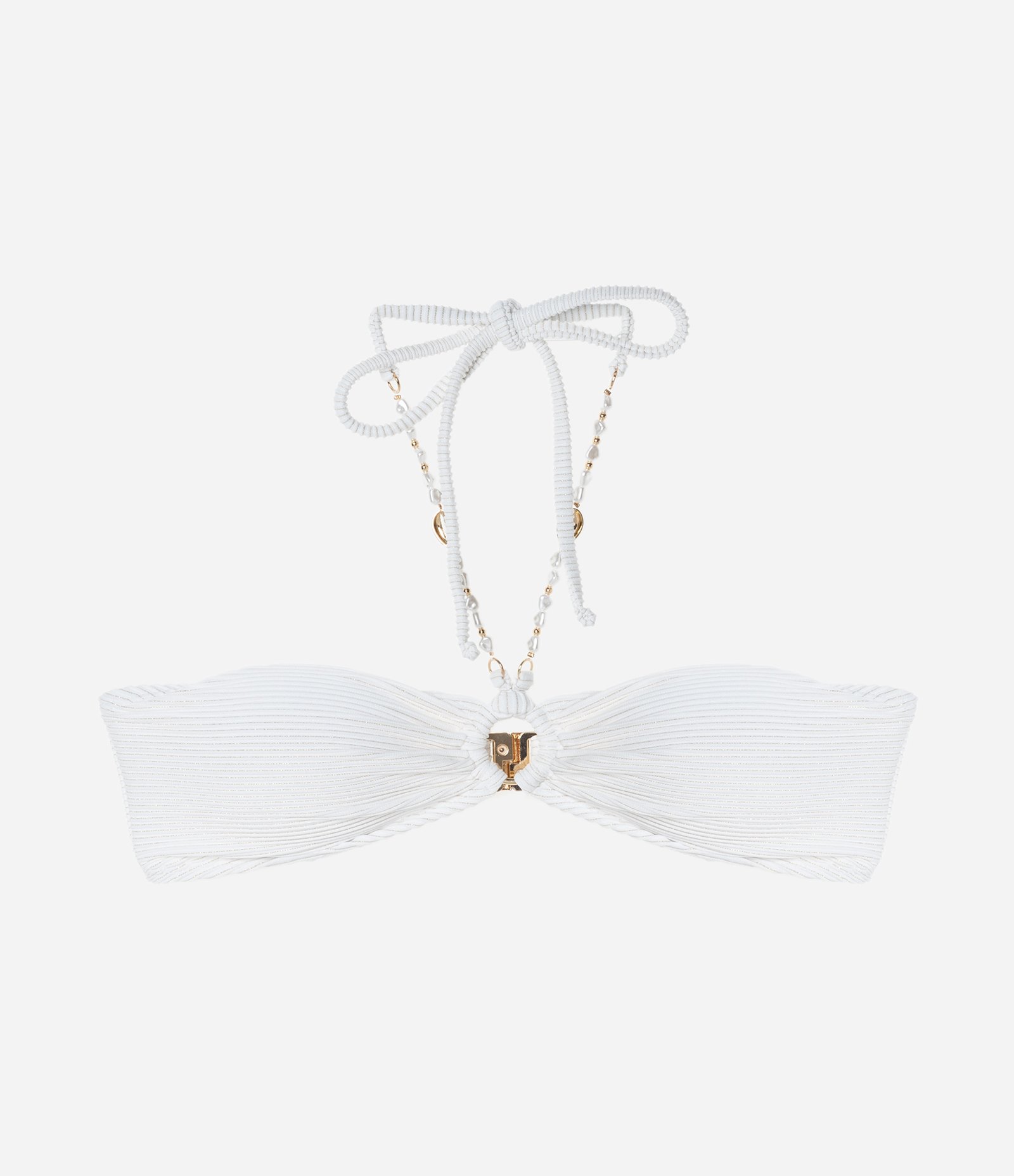 Biquíni Top Bandeau em Microfibra Canelada com Fio Metalizado e Aviamento de Concha Branco 5