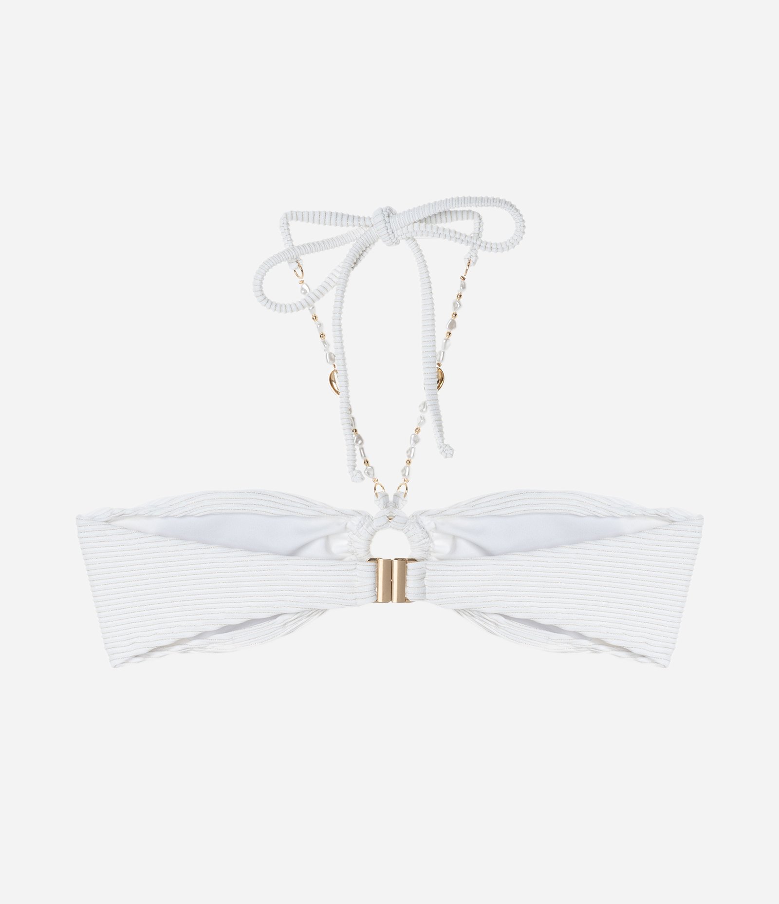Biquíni Top Bandeau em Microfibra Canelada com Fio Metalizado e Aviamento de Concha Branco 6