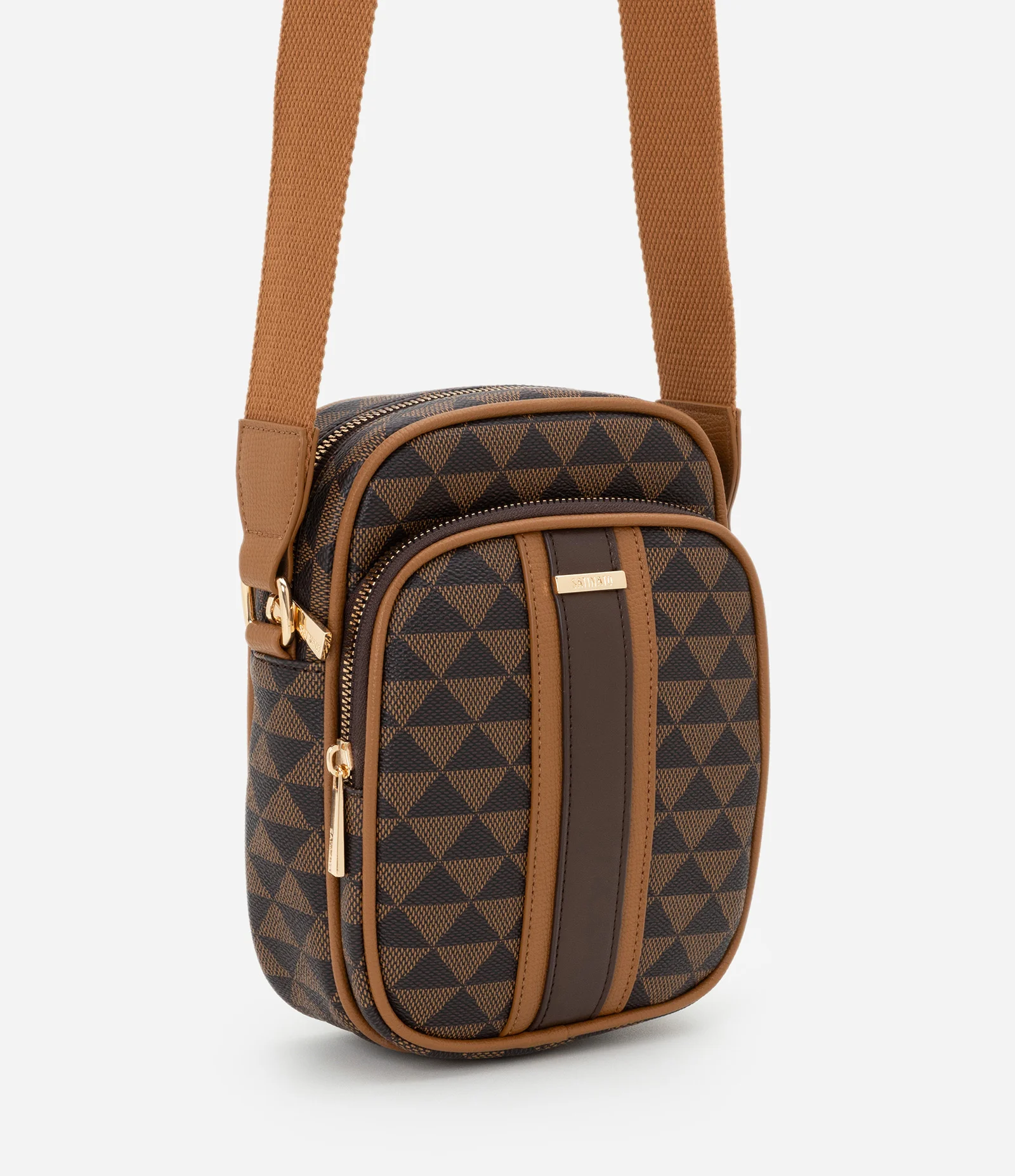 Bolsa Pequena Posta Celular com Alça Larga e Estampa Triângulos Marrom 2