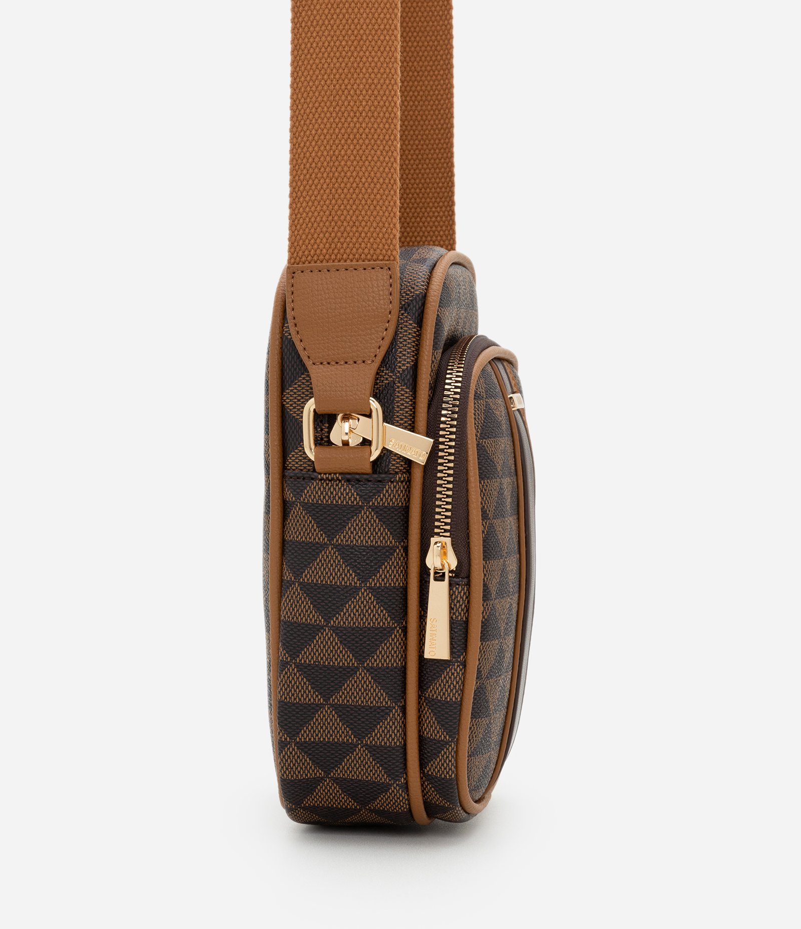 Bolsa Pequena Posta Celular com Alça Larga e Estampa Triângulos Marrom 3