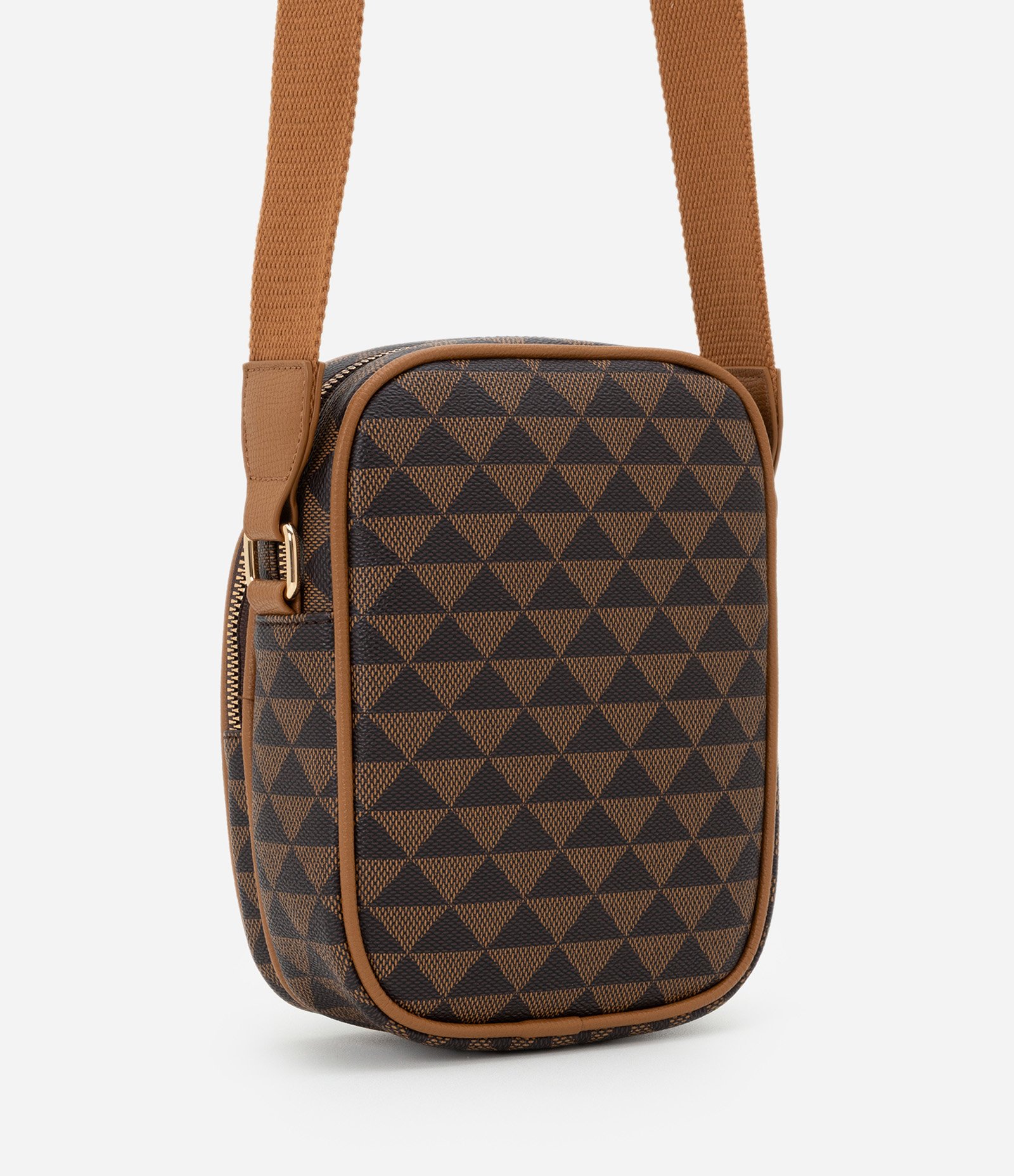 Bolsa Pequena Posta Celular com Alça Larga e Estampa Triângulos Marrom 4
