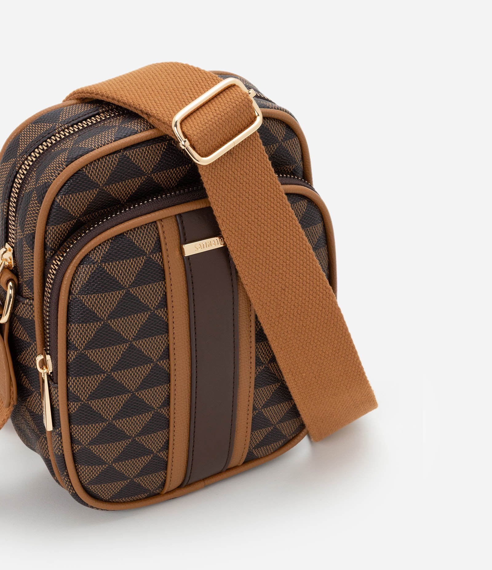 Bolsa Pequena Posta Celular com Alça Larga e Estampa Triângulos Marrom 7