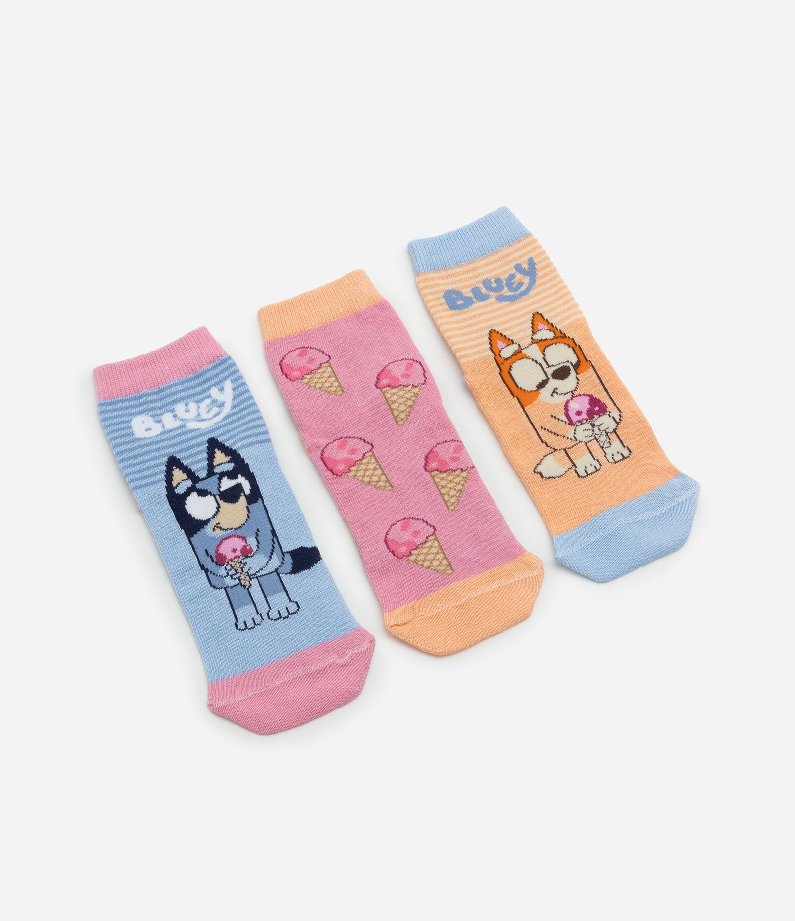 Kit 03 Meias Infantis Cano Médio com Estampa Bluey - Tam 19 a 30 Azul/Rosa/Laranja 1