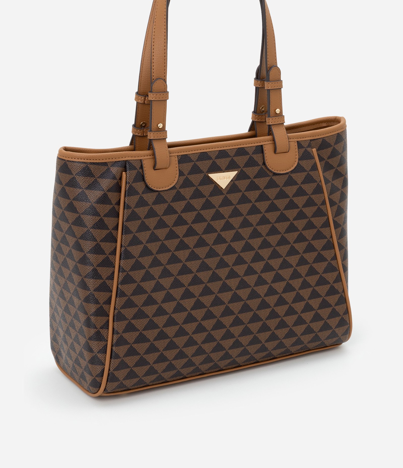Bolsa Shopper Grande com Estampa de Triangulo Marrom 1