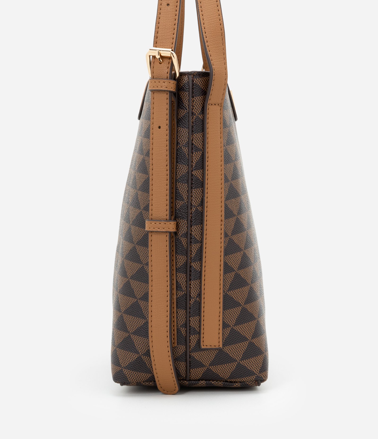 Bolsa Shoulder Média com Estampa Triangular e Alça Cintada Marrom 2