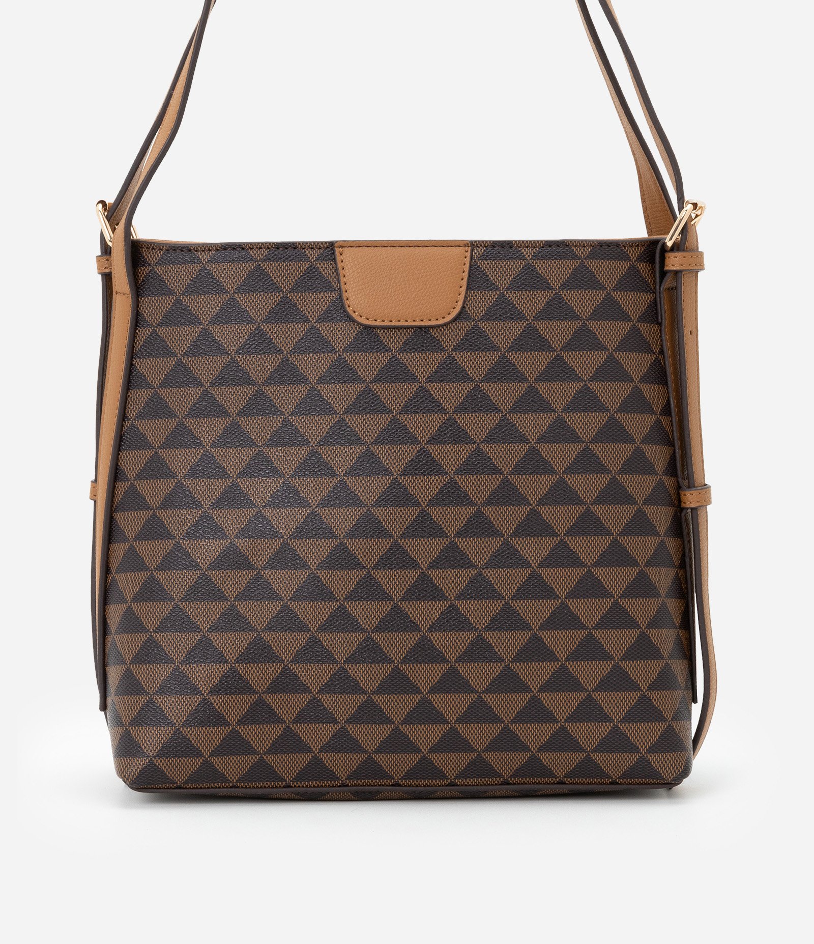 Bolsa Shoulder Média com Estampa Triangular e Alça Cintada Marrom 3