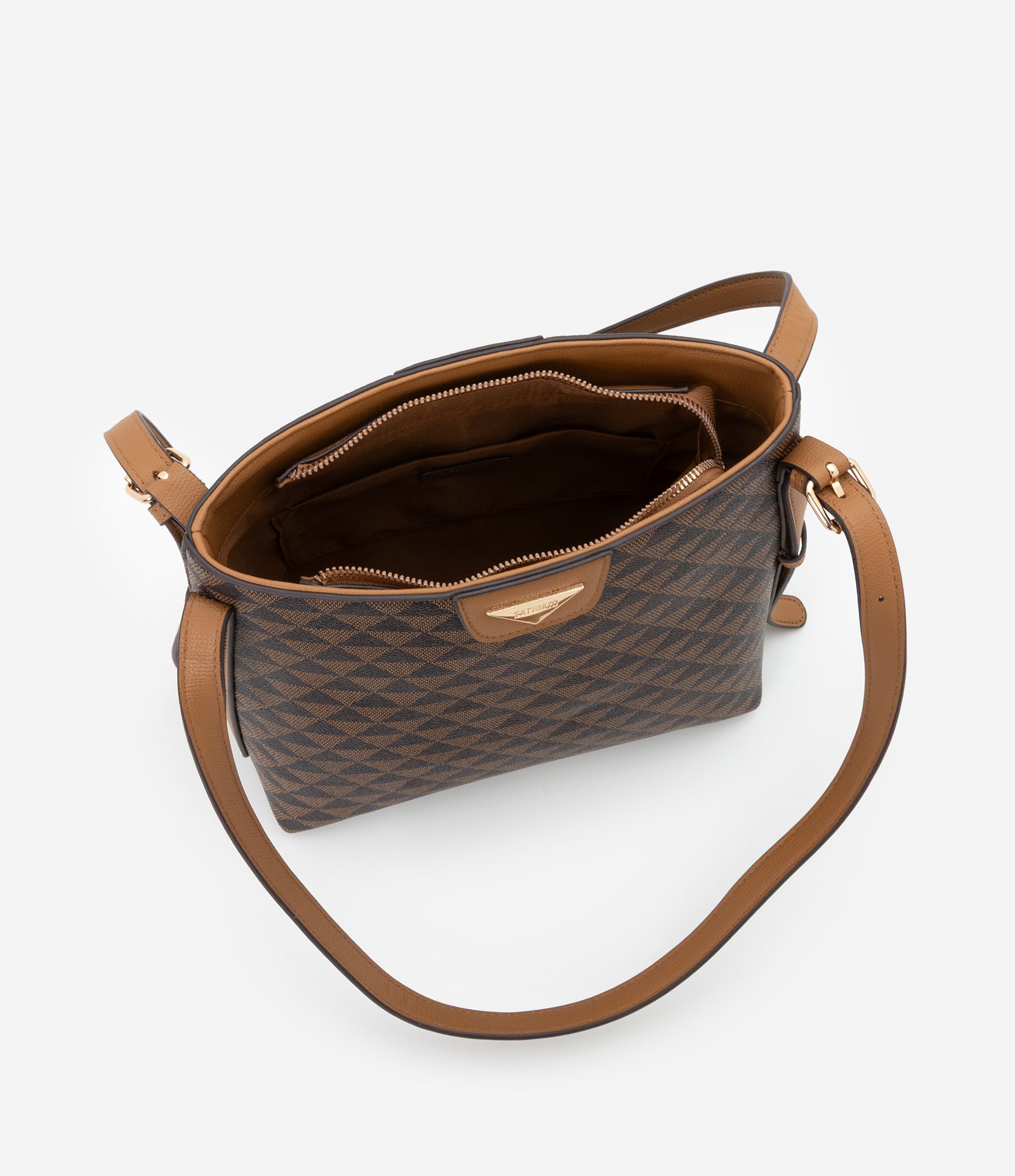 Bolsa Shoulder Média com Estampa Triangular e Alça Cintada Marrom 5