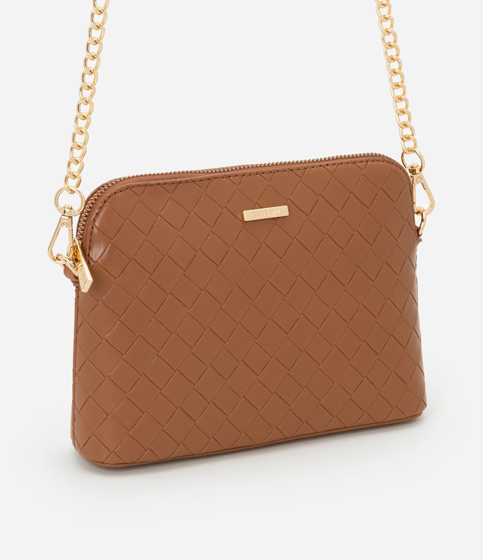 Bolsa Transversal Pequena com Efeito Tressê e Alça de Corrente Marrom 2