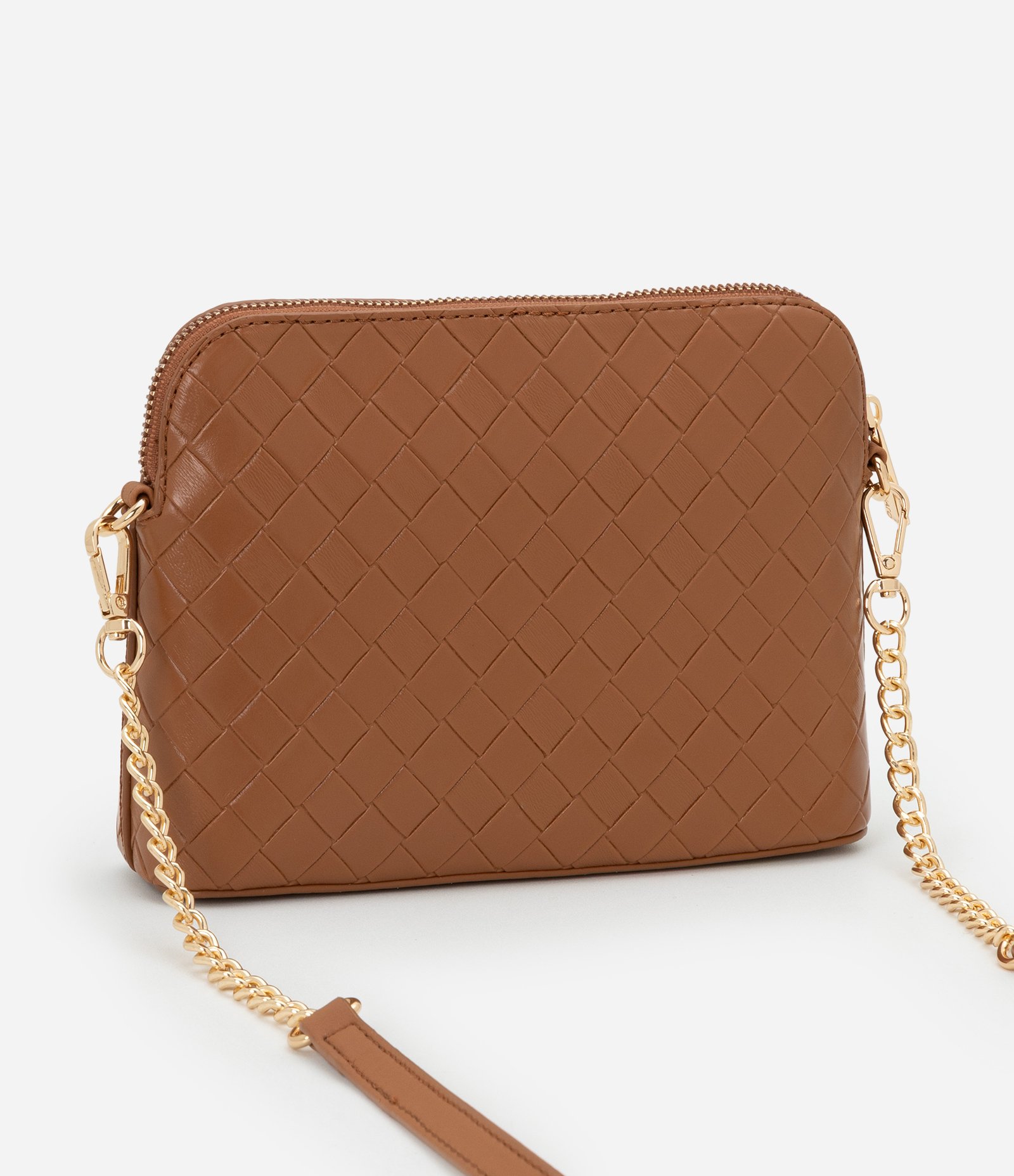 Bolsa Transversal Pequena com Efeito Tressê e Alça de Corrente Marrom 5