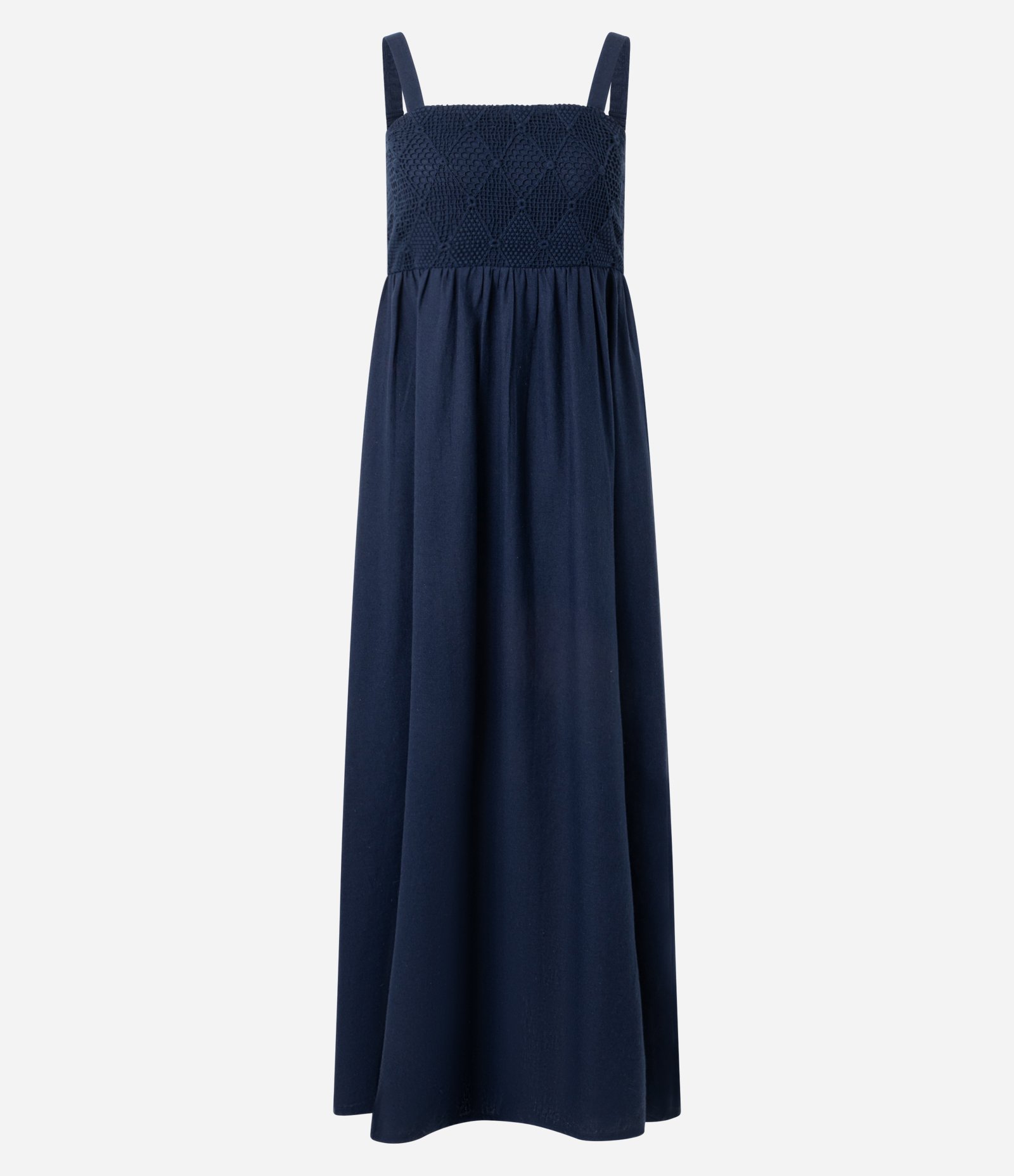 Vestido Evasê Midi em Viscolinho com Busto com Efeito Crochê Azul Marinho 5