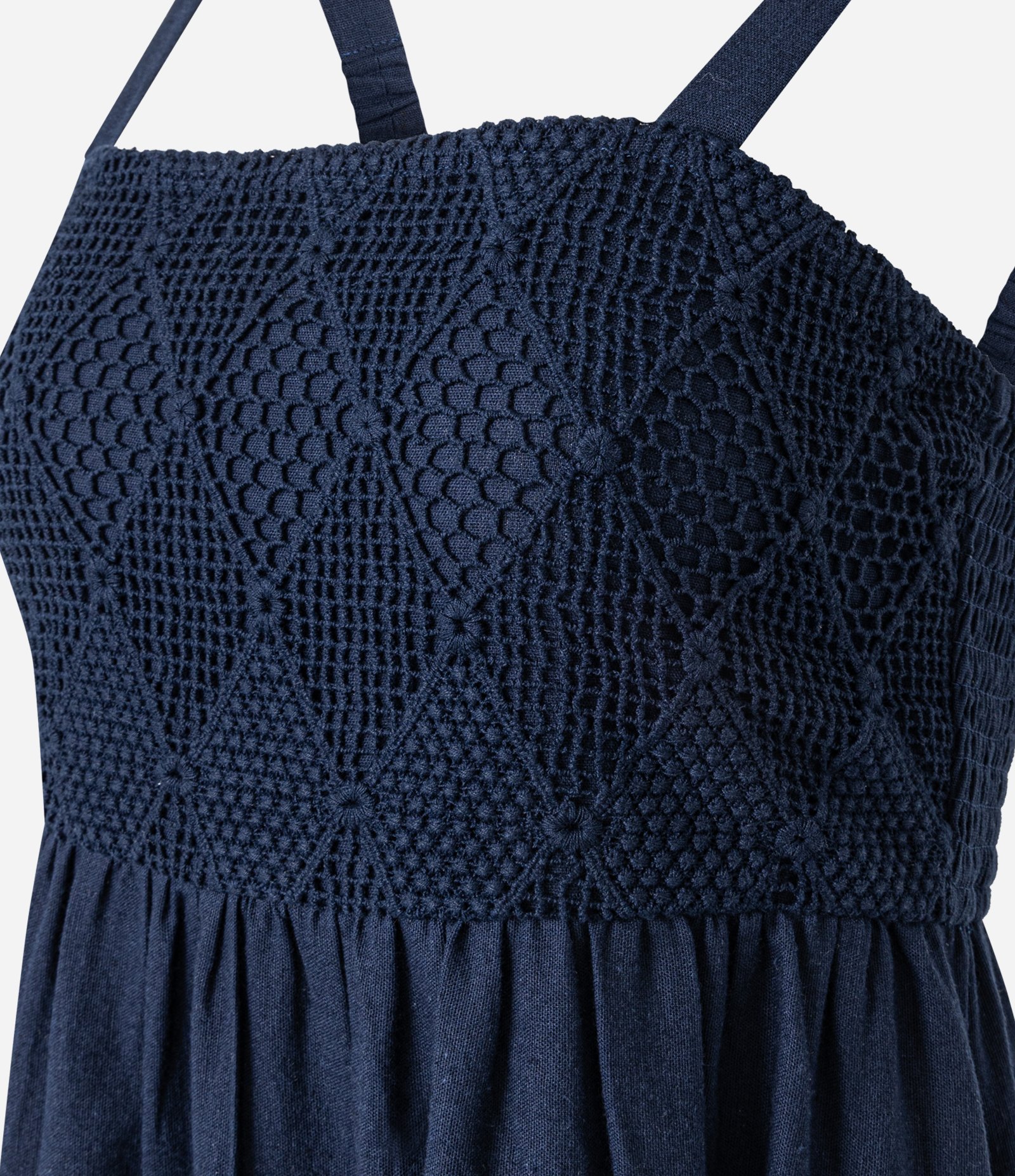 Vestido Evasê Midi em Viscolinho com Busto com Efeito Crochê Azul Marinho 6