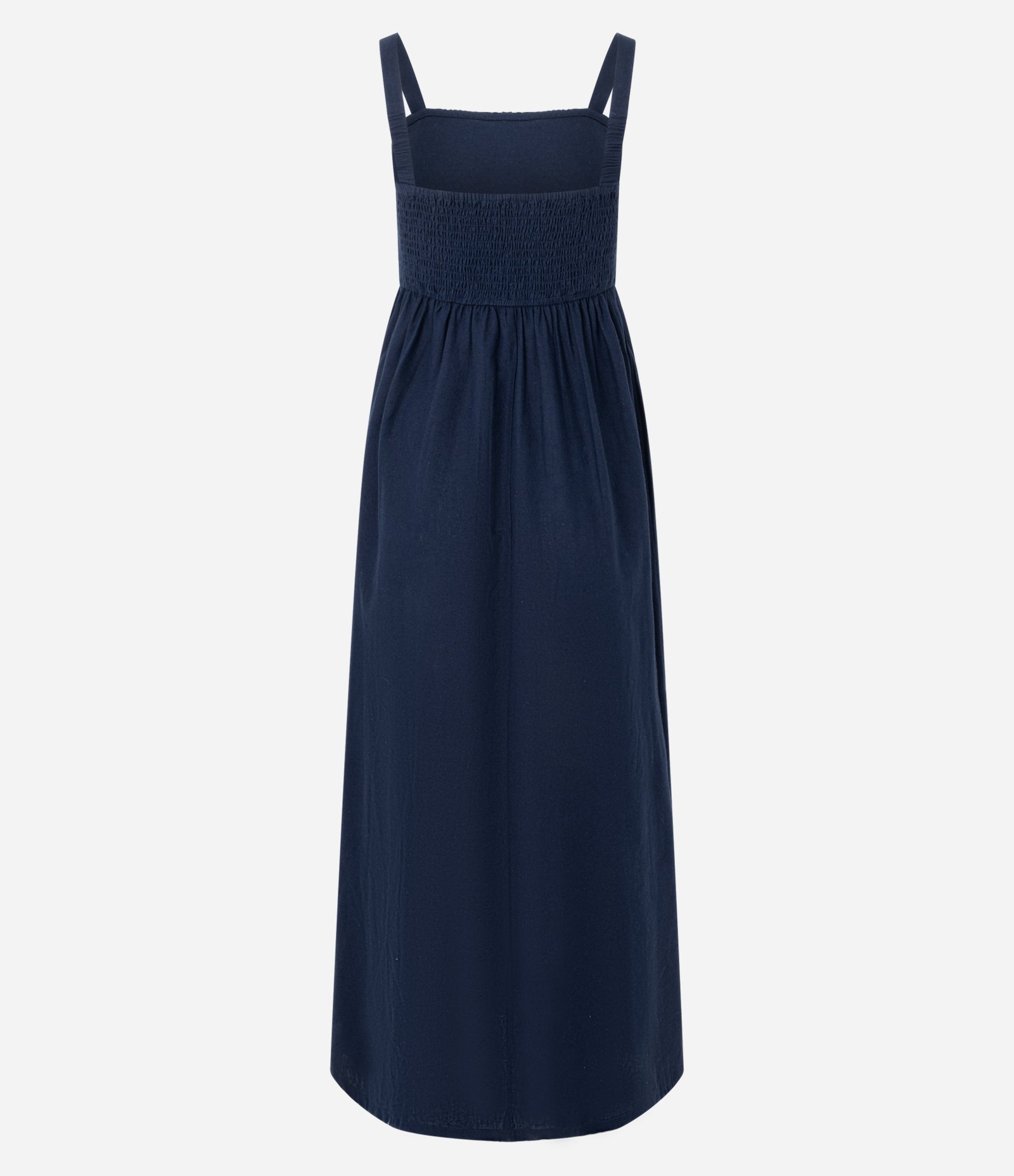 Vestido Evasê Midi em Viscolinho com Busto com Efeito Crochê Azul Marinho 7