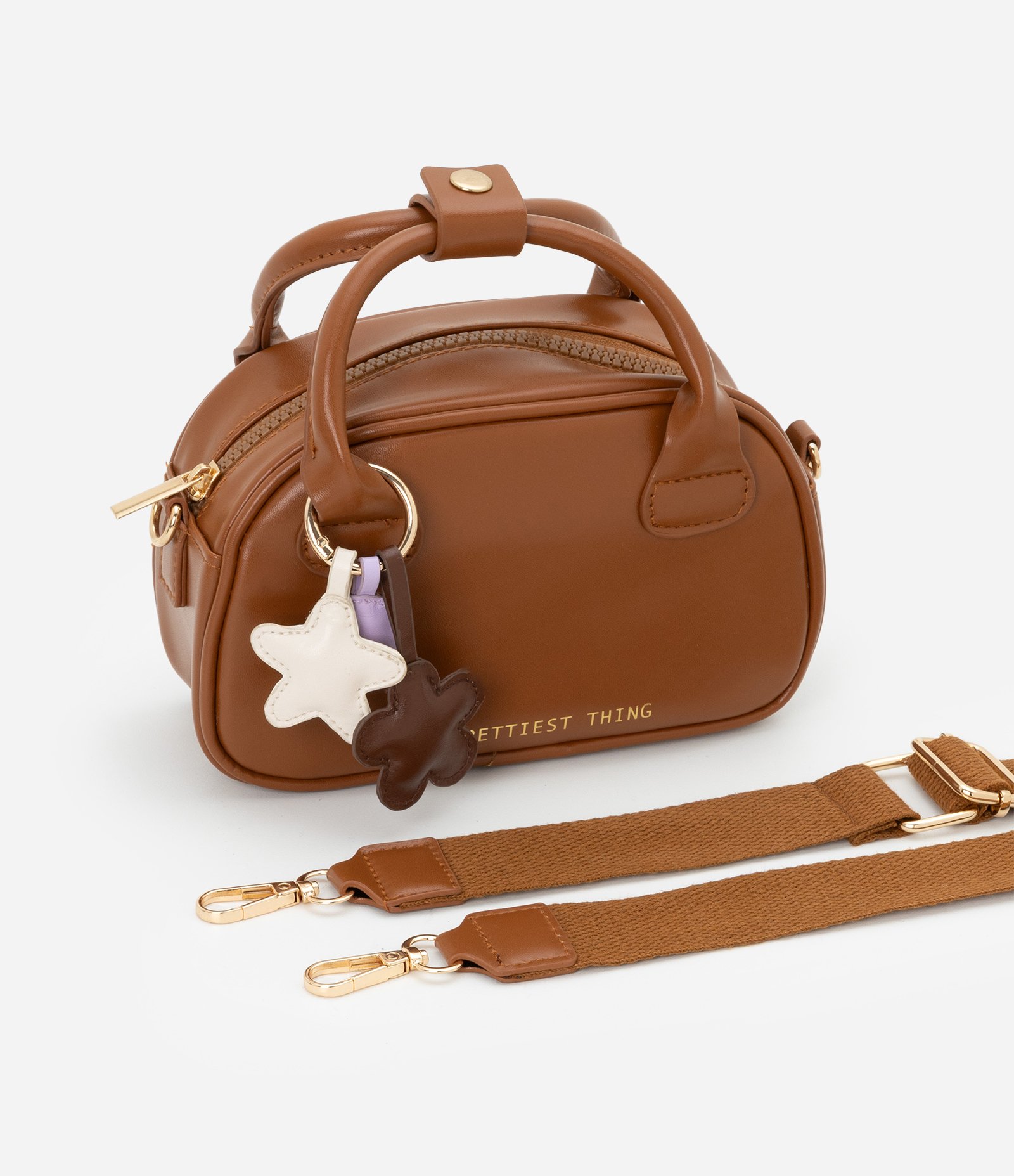 Bolsa Transversal Infantil com Chaveiro Estrelinhas - Tam Único Marrom 8