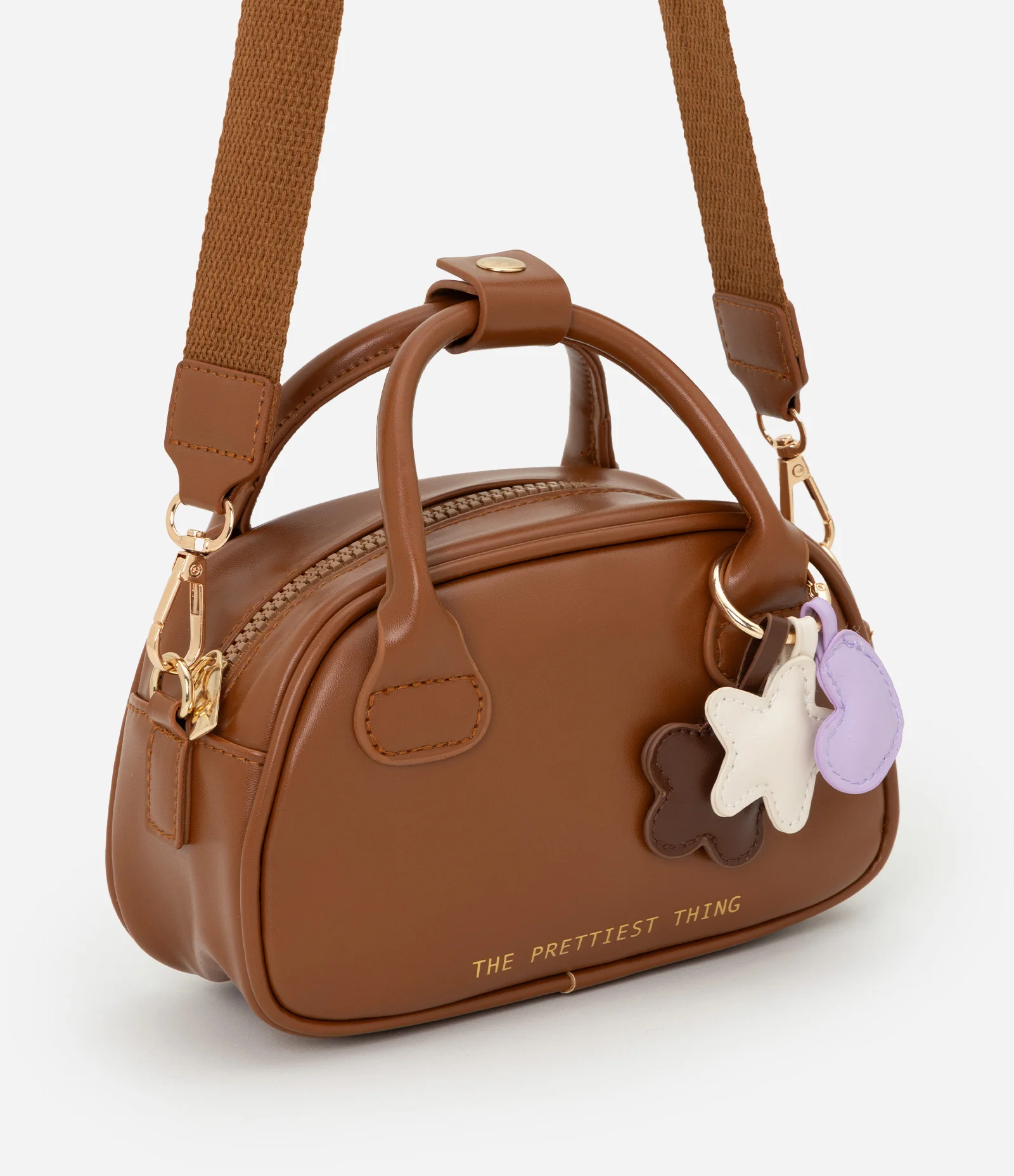 Bolsa Transversal Infantil com Chaveiro Estrelinhas - Tam Único Marrom 1