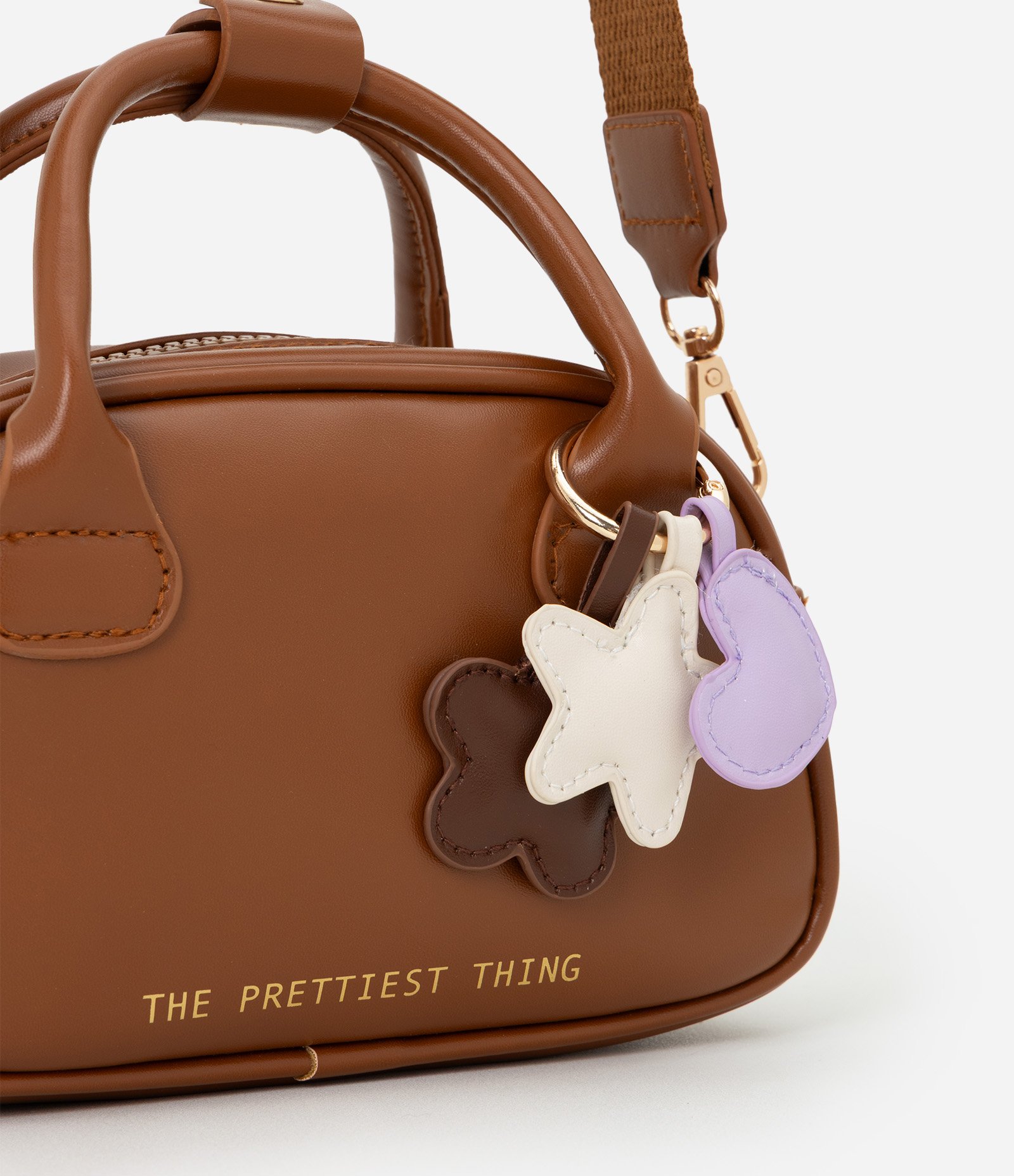 Bolsa Transversal Infantil com Chaveiro Estrelinhas - Tam Único Marrom 4