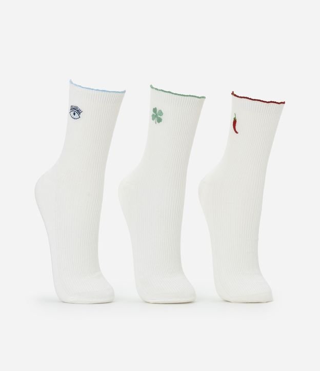 Kit 03 Meia Cano Alto em Algodão com Frufru e Bordado de Amuletos