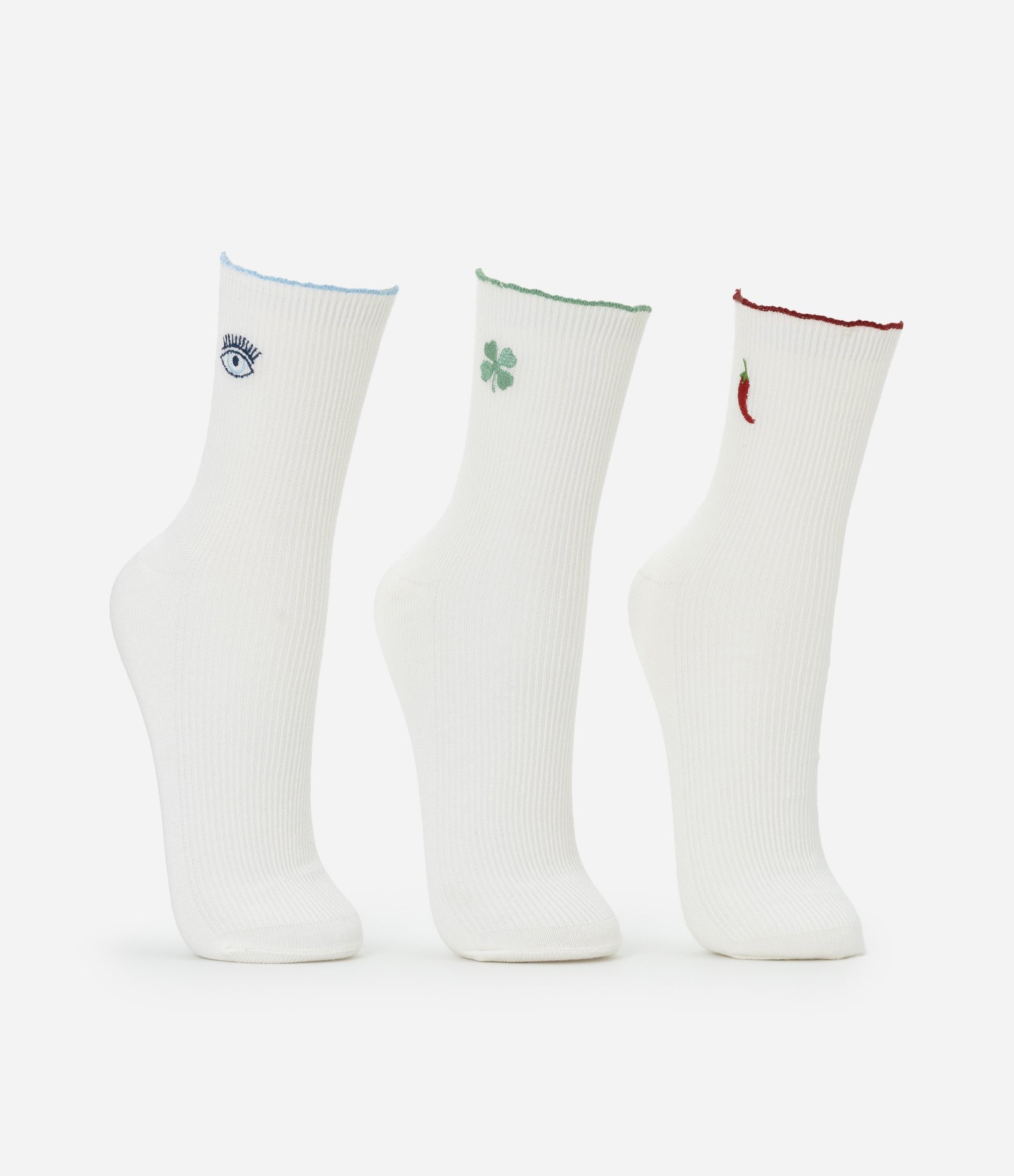 Kit 03 Meia Cano Alto em Algodão com Frufru e Bordado de Amuletos Branco 1