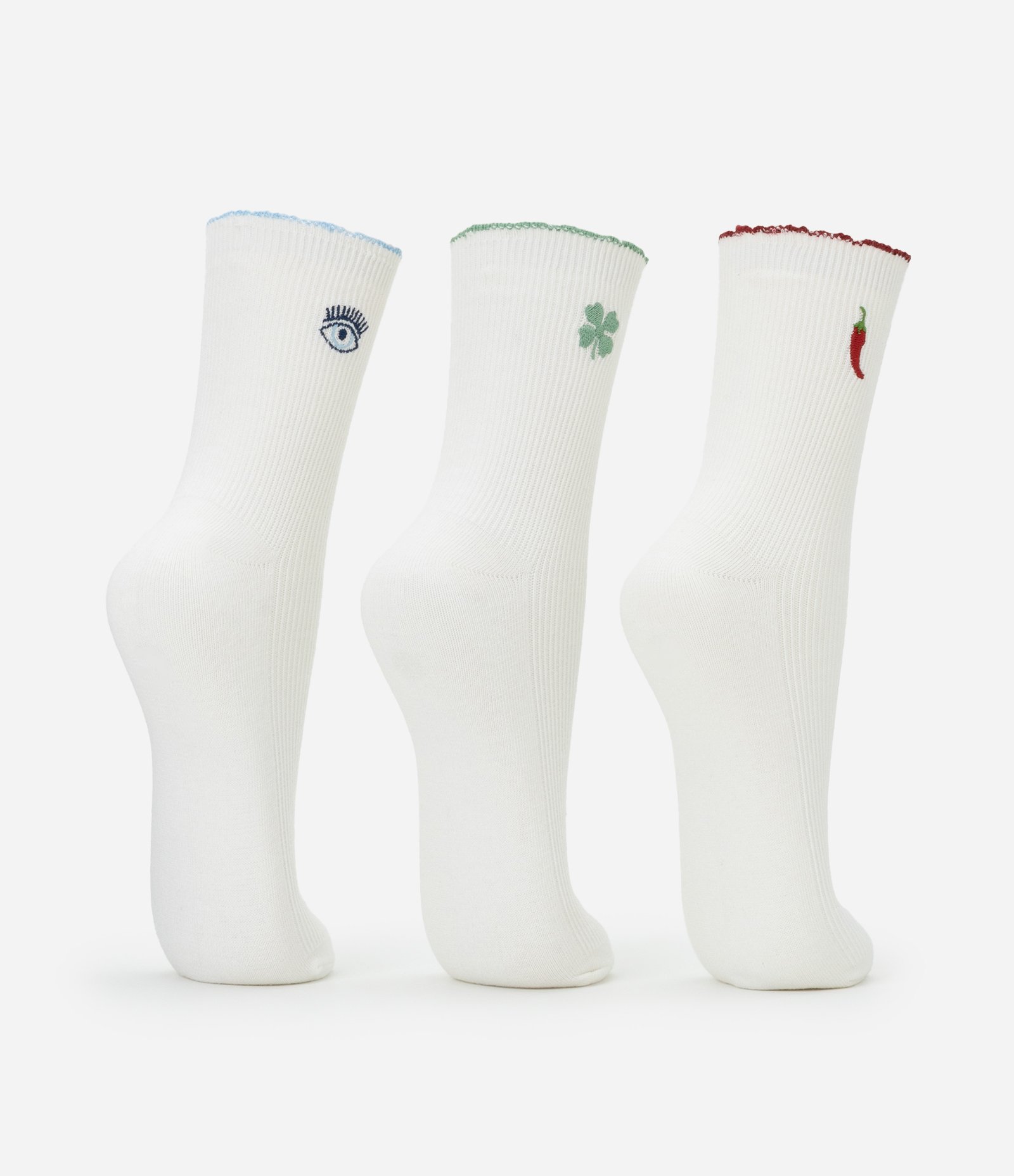 Kit 03 Meia Cano Alto em Algodão com Frufru e Bordado de Amuletos Branco 3