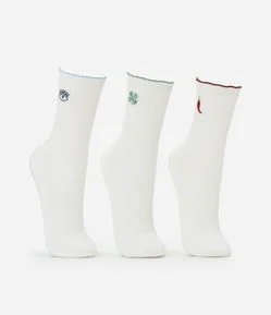 Kit 03 Meia Cano Alto em Algodão com Frufru e Bordado de Amuletos