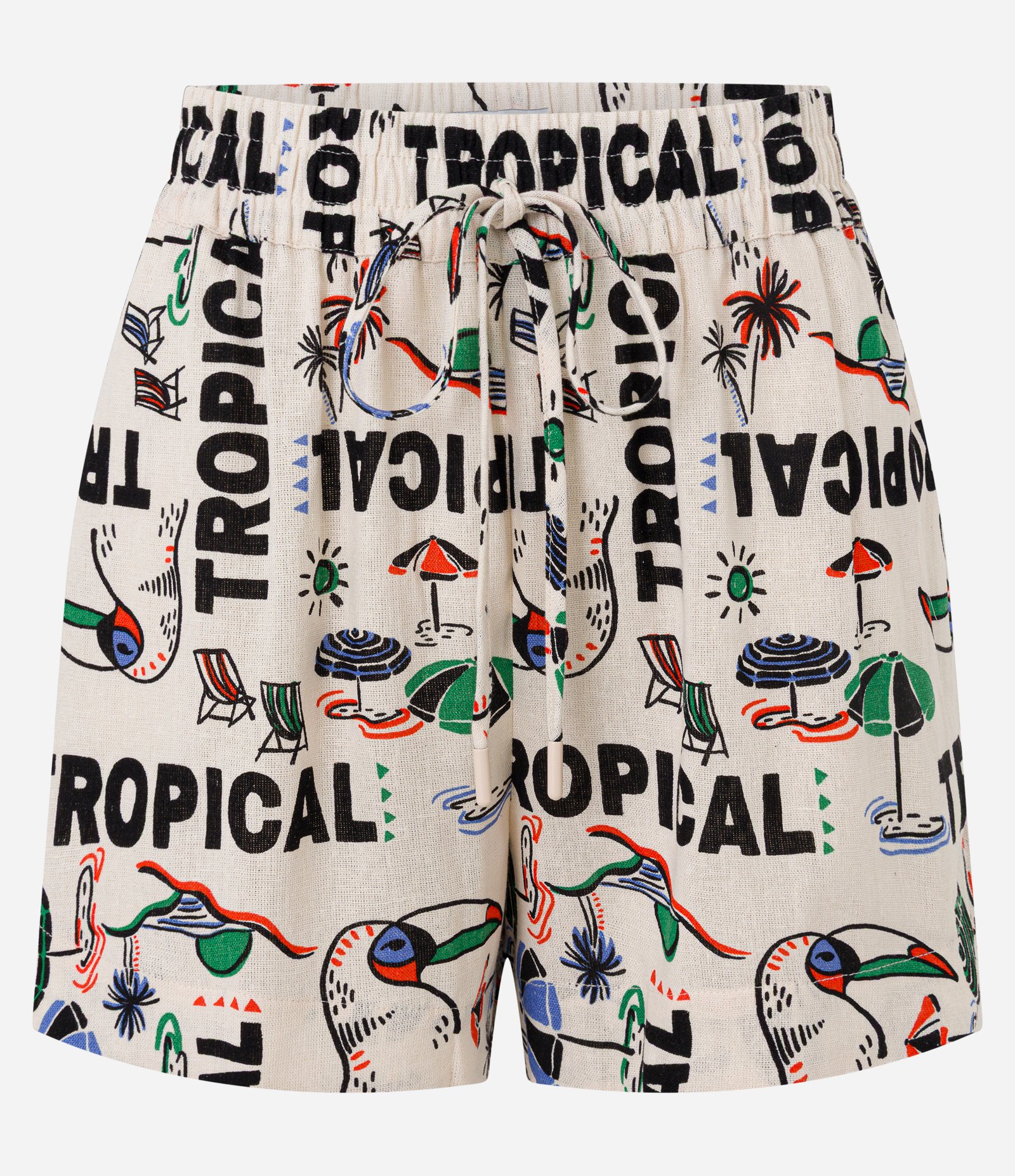 Short Runner Cintura Alta em Viscolinho com Estampa Tropical Bege 6