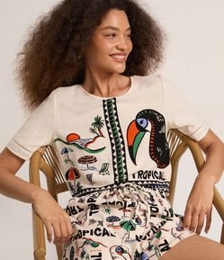 Short Runner Cintura Alta em Viscolinho com Estampa Tropical