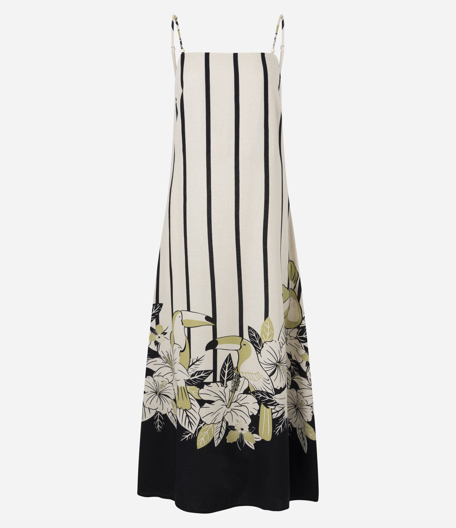 Vestido Midi em Viscolinho com Estapa Tropical e Listras Off White 1