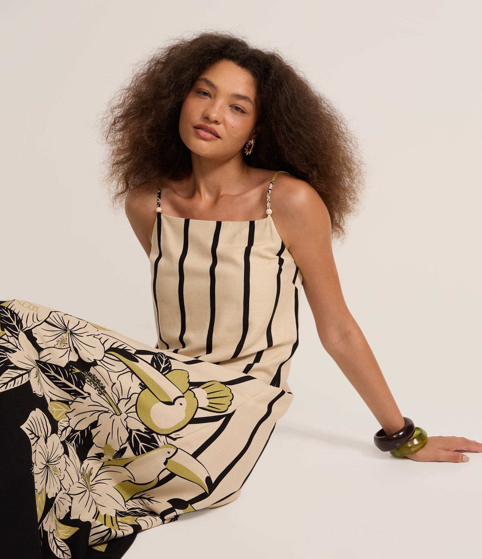 Vestido Midi em Viscolinho com Estapa Tropical e Listras Off White 4