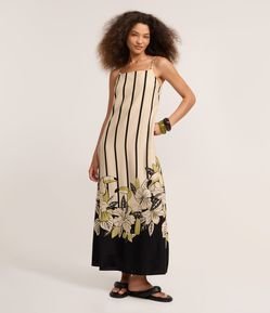 Vestido Midi em Viscolinho com Estapa Tropical e Listras