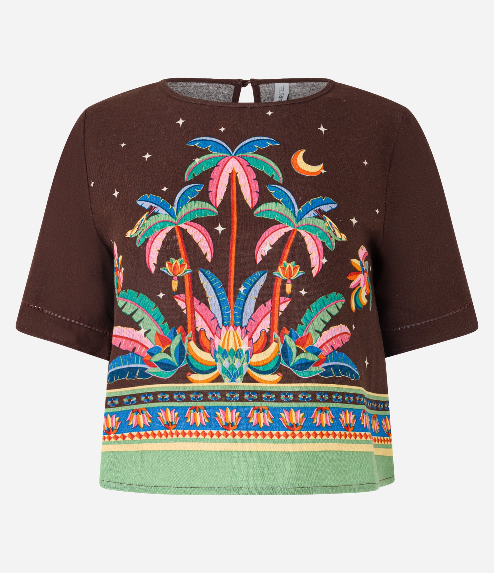 Blusa em Viscolinho com Estampa de Coqueiros Marrom 1