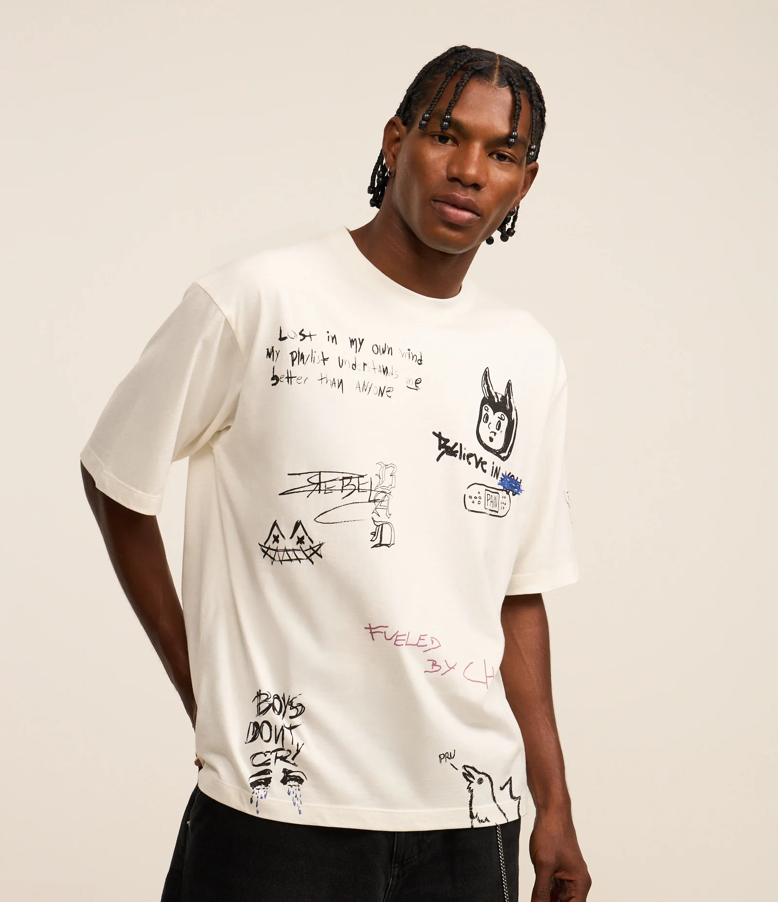 Camiseta Boxy em Algodão com Estampa de Desenho Off White 1